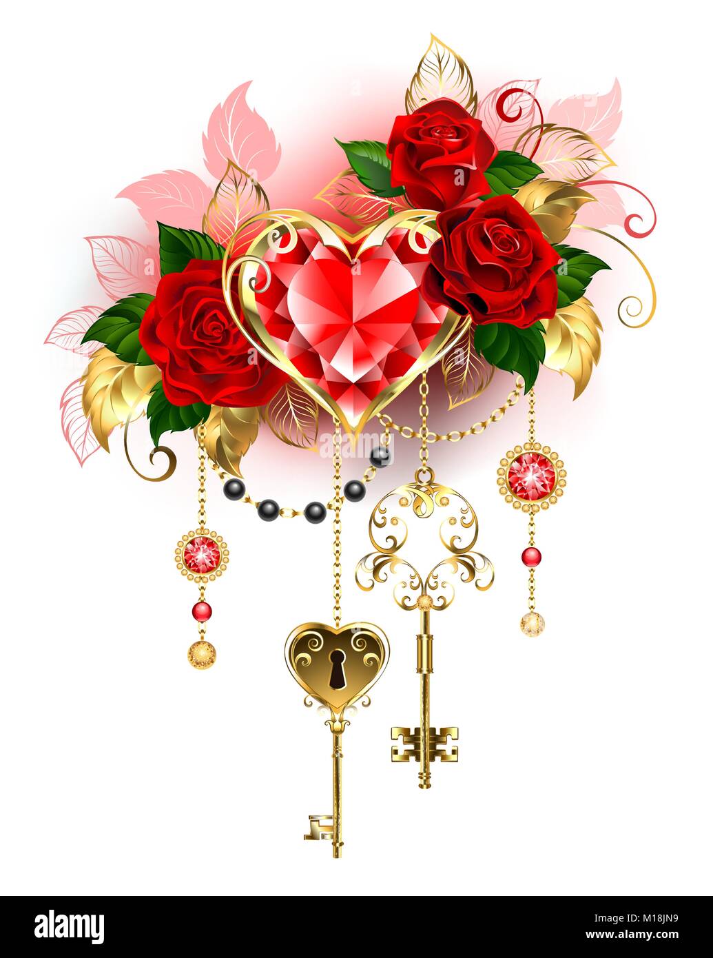 Kostbare ruby ​​Heart mit roten Rosen dekoriert, gold Ketten, antike Schlüssel auf einem weißen Hintergrund. Ruby Herz. Stock Vektor