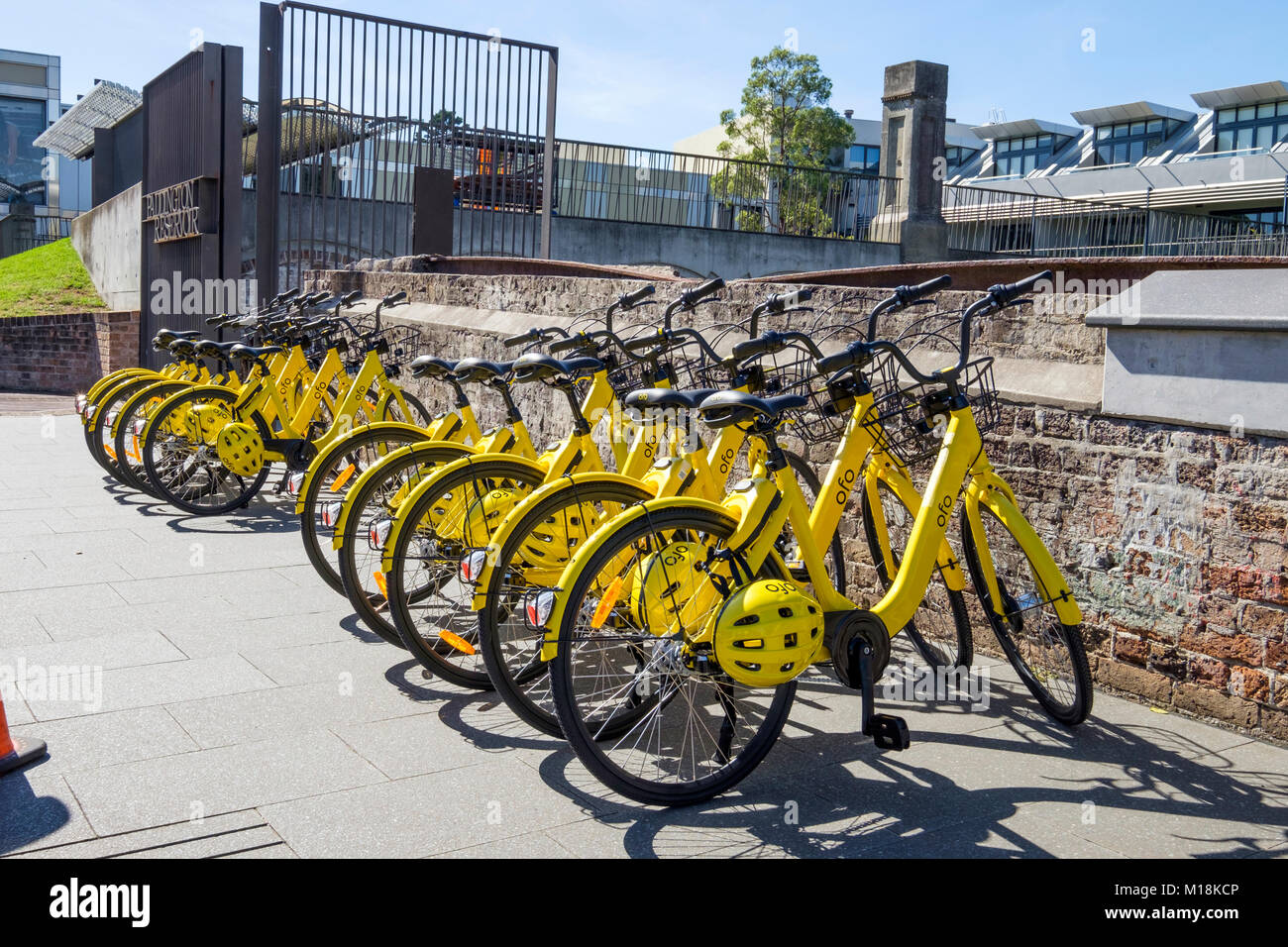 Öffentliche smart Mietwagen Station - kostenlose Fahrräder/Bikes von ofo Bike Fahrer an Straßen von Sydney, NSW, Australien. Stockfoto