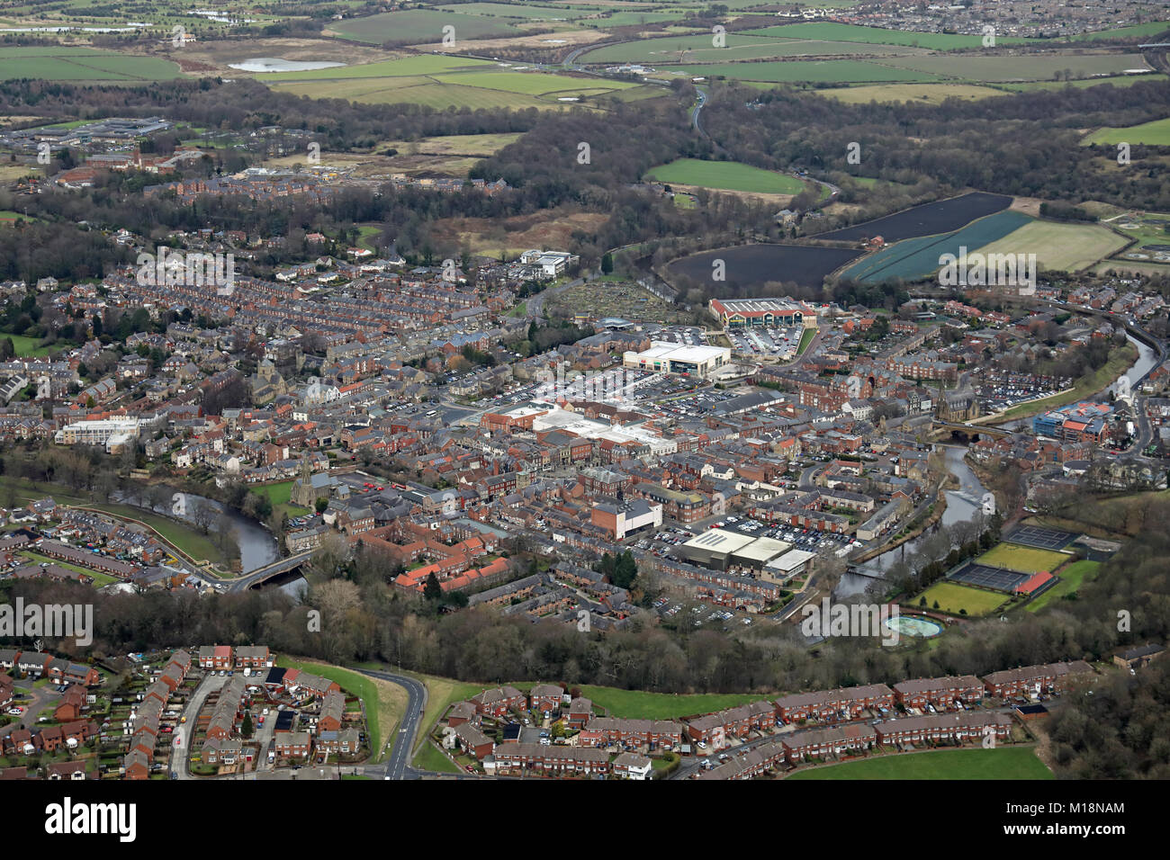 Luftaufnahme von Morpeth Stadtzentrum, Norhumberland, Großbritannien Stockfoto