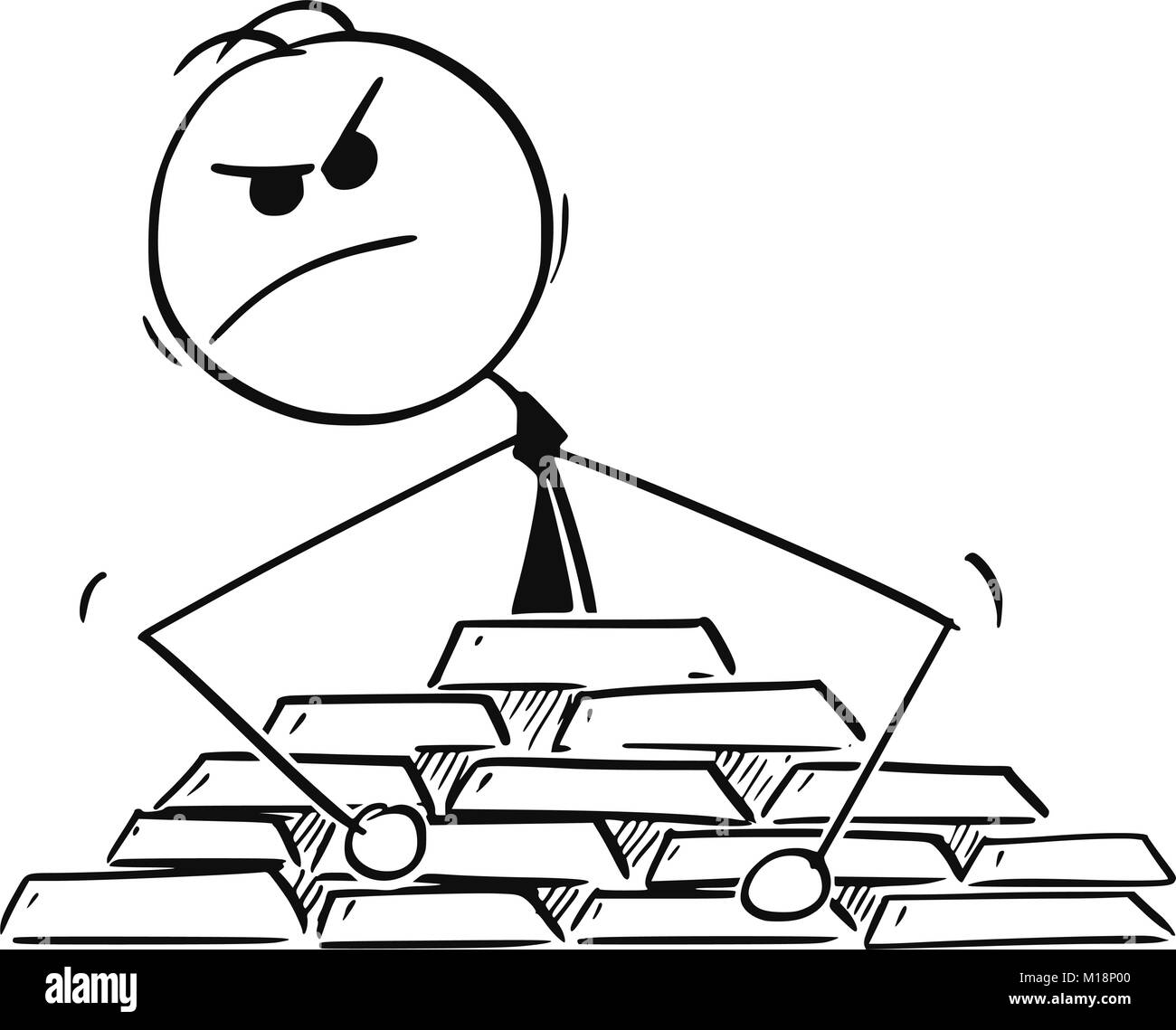 Konzeptionelle Cartoon von Paranoid Geschäftsmann den Schutz seiner Goldschatz Stock Vektor