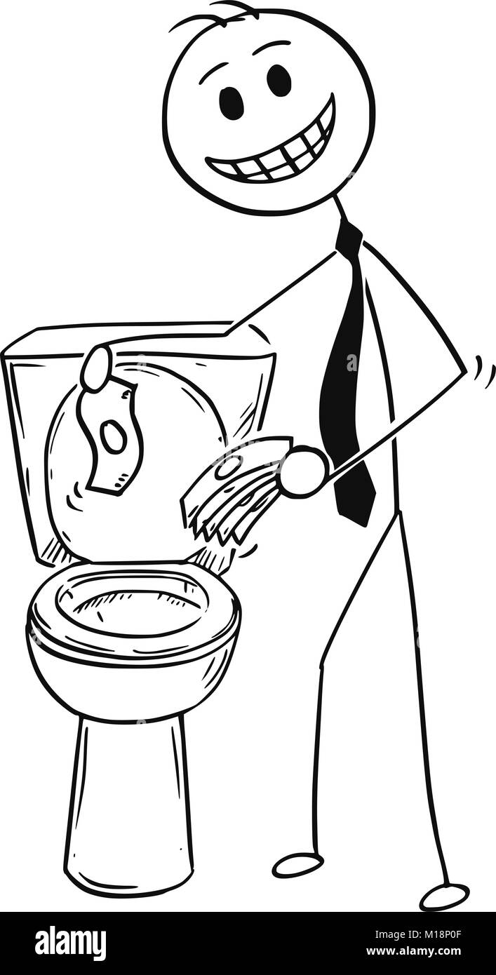 Cartoon von lächelnden Geschäftsmann Trowing Geld in der Toilette, schlechte Anlage Konzept Stock Vektor