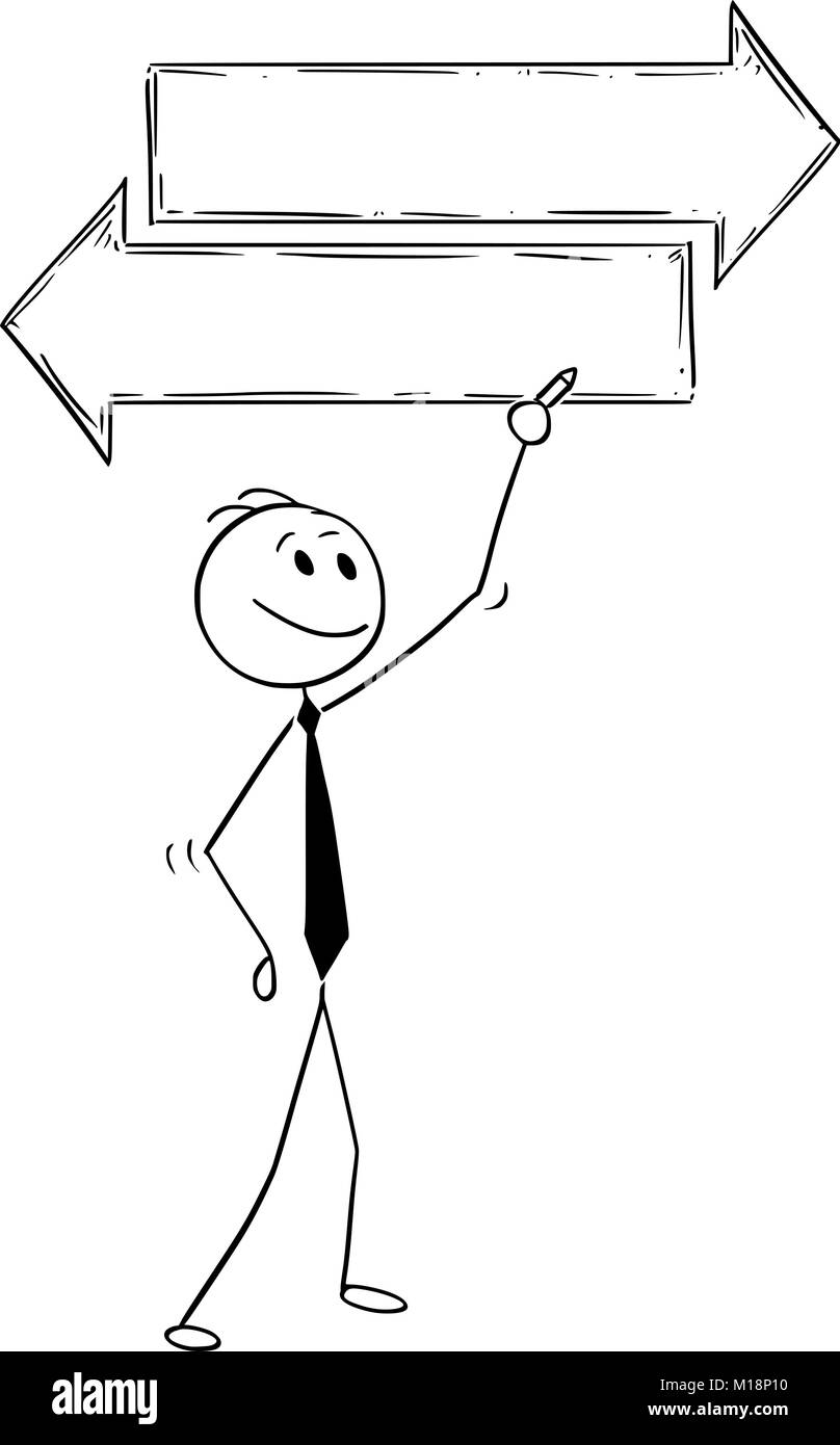 Cartoon von Geschäftsmann Schreiben auf Leere leere Textfeld Entscheidung Pfeil Stock Vektor