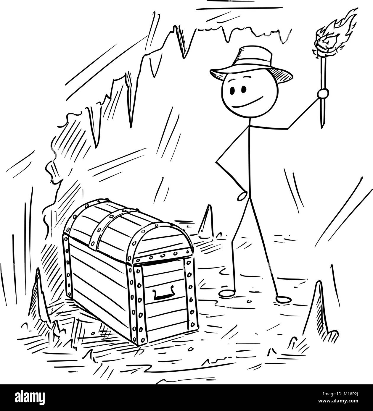 Cartoon von Abenteurer Mann, fand einen Schatz in der Höhle Stock Vektor