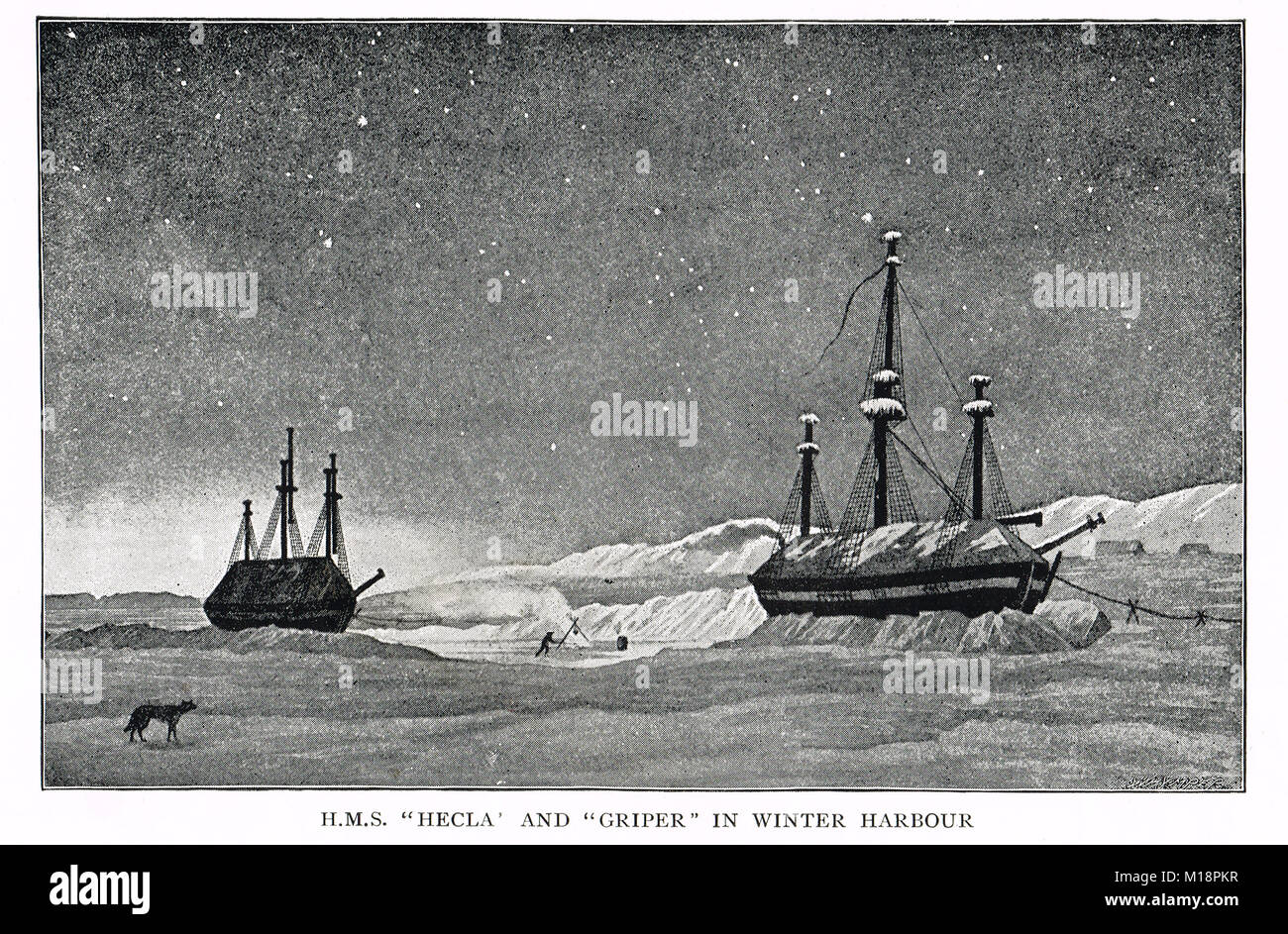 HMS Hecla & HMS Störenfried, im Winter Hafen. William Parry's 1819 Expedition in die Arktis Stockfoto