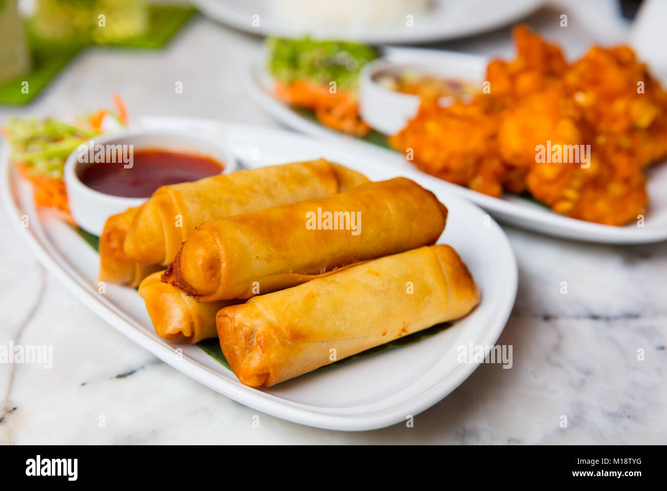 Frühlingsrollen und Fried Chicken serviert In Platten Stockfoto