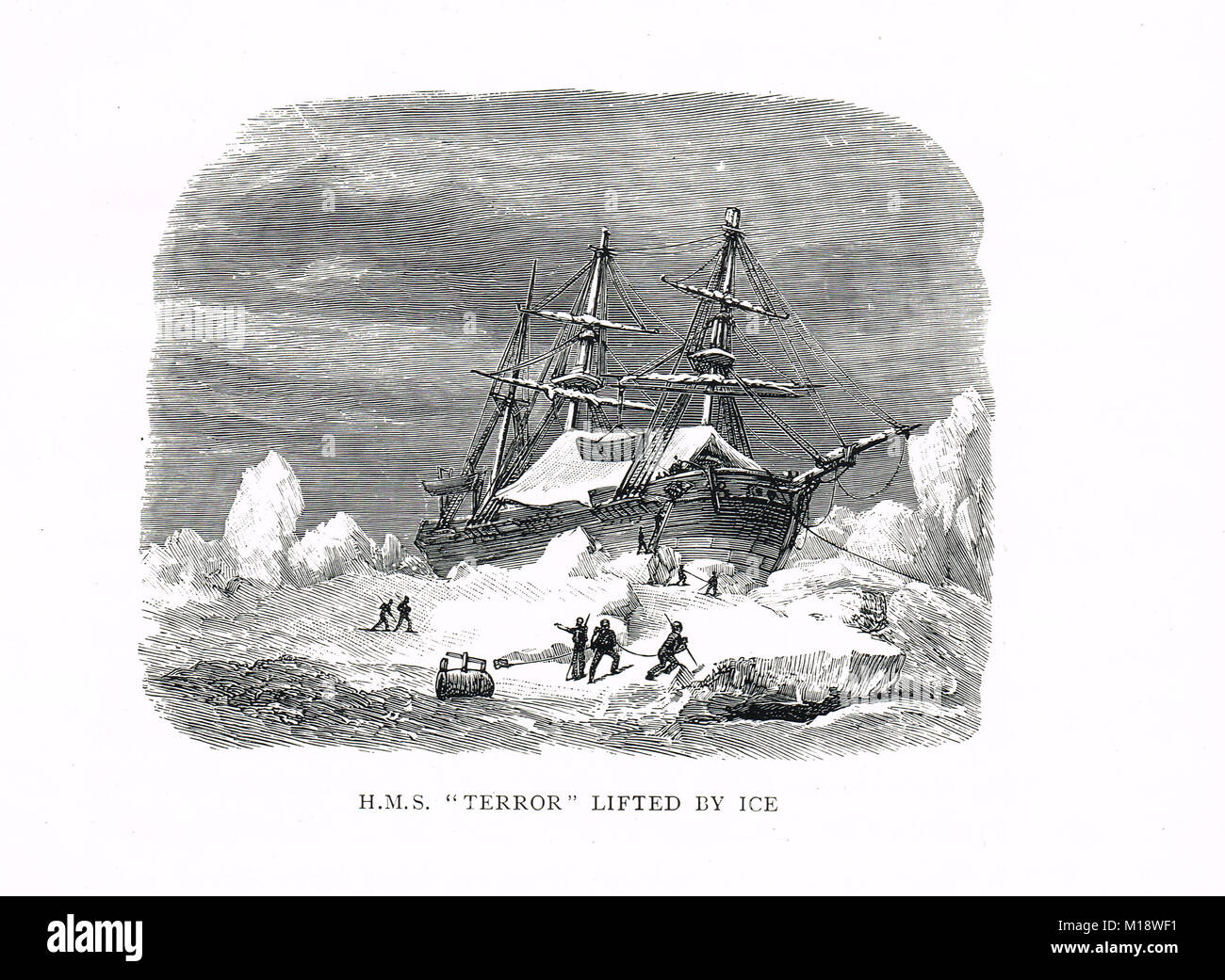 HMS Terror durch Eis gehoben während Captain George's Zurück Arctic Expedition in die Hudson Bay, 1836-1837 Stockfoto