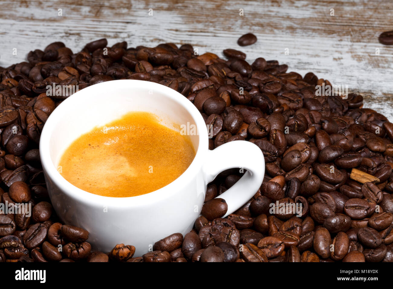 Weiße Tasse Kaffee, gerade getan, auf gerösteten Kaffeebohnen Stockfoto