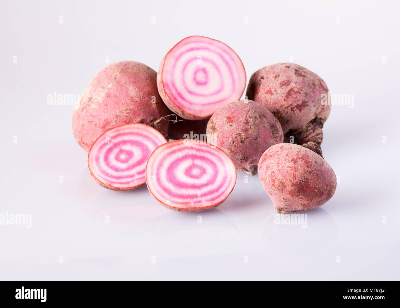 Beta vulgaris. Chioggia Rote Bete. Candy Stripe rote Beete. Stockfoto