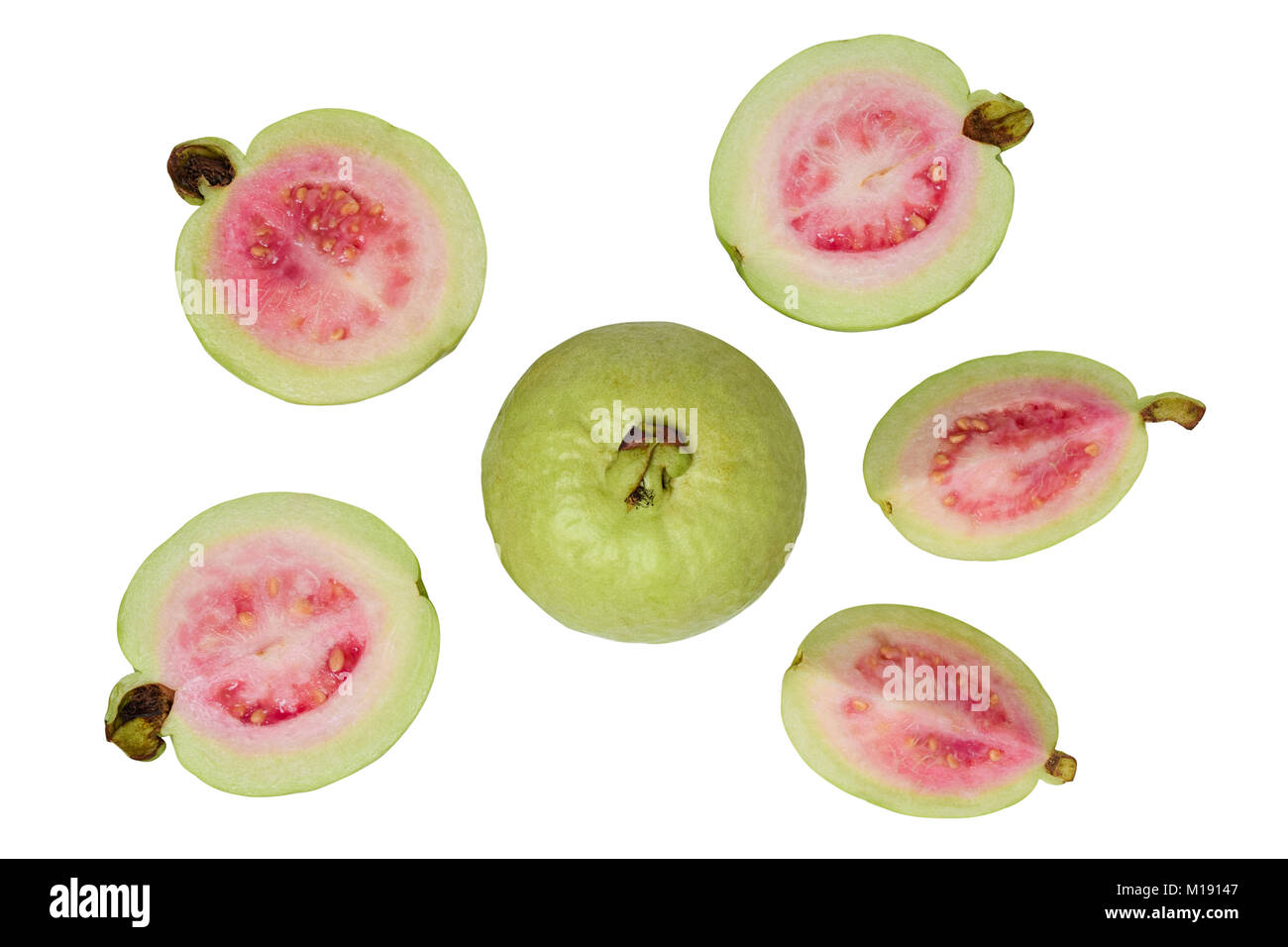 Einstellen der Guave Obst auf einem weißen Hintergrund mit Freistellungspfad isoliert Stockfoto
