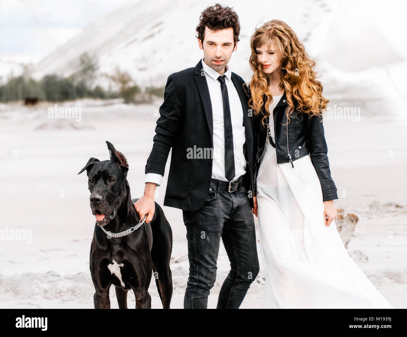 Stilvolle Paar mit großen Hund in der Wüste. Konzept der erfolgreichen Beziehung, Stil und glückliche Momente. Mode Hochzeit Fotografie Stockfoto