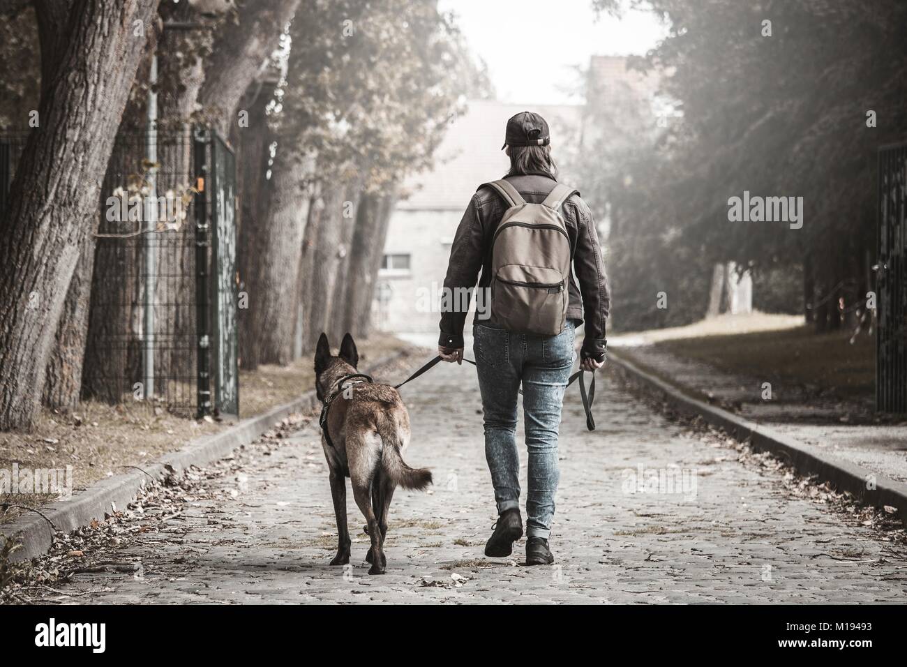 Frau und ihr Hund auf der Suche nach Häuser. die Entdeckung von verlassenen Gebäuden. post-Apokalypse. Stockfoto