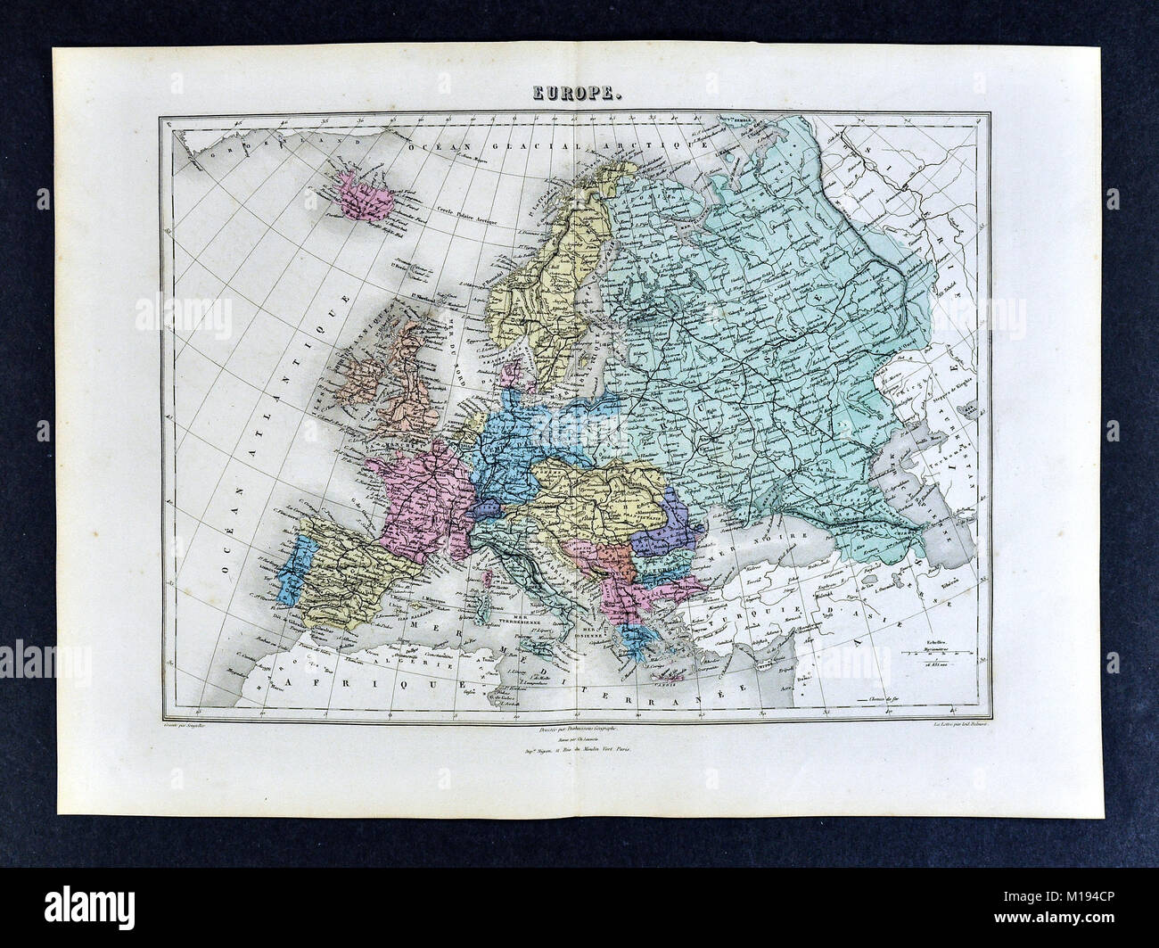 1877 Migeon Karte - Europa - Frankreich Deutschland Italien Spanien Russland Österreich Portugal Großbritannien Holland Belgien Schweiz Stockfoto
