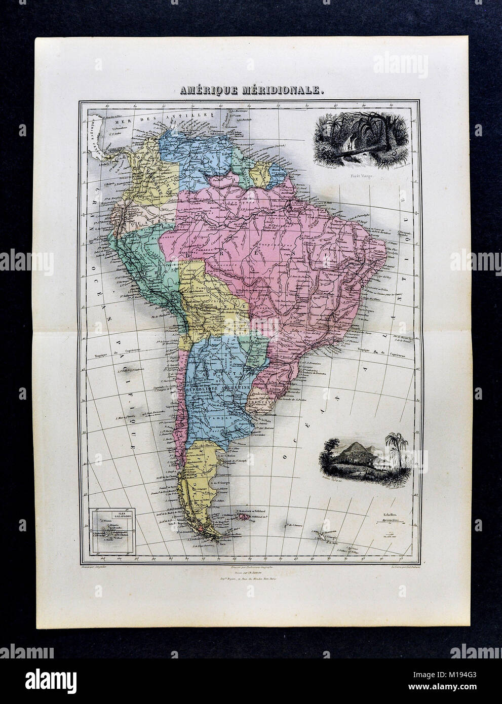1877 Migeon Karte - Südamerika - Brasilien Argentinien Peru Kolumbien Chile Stockfoto