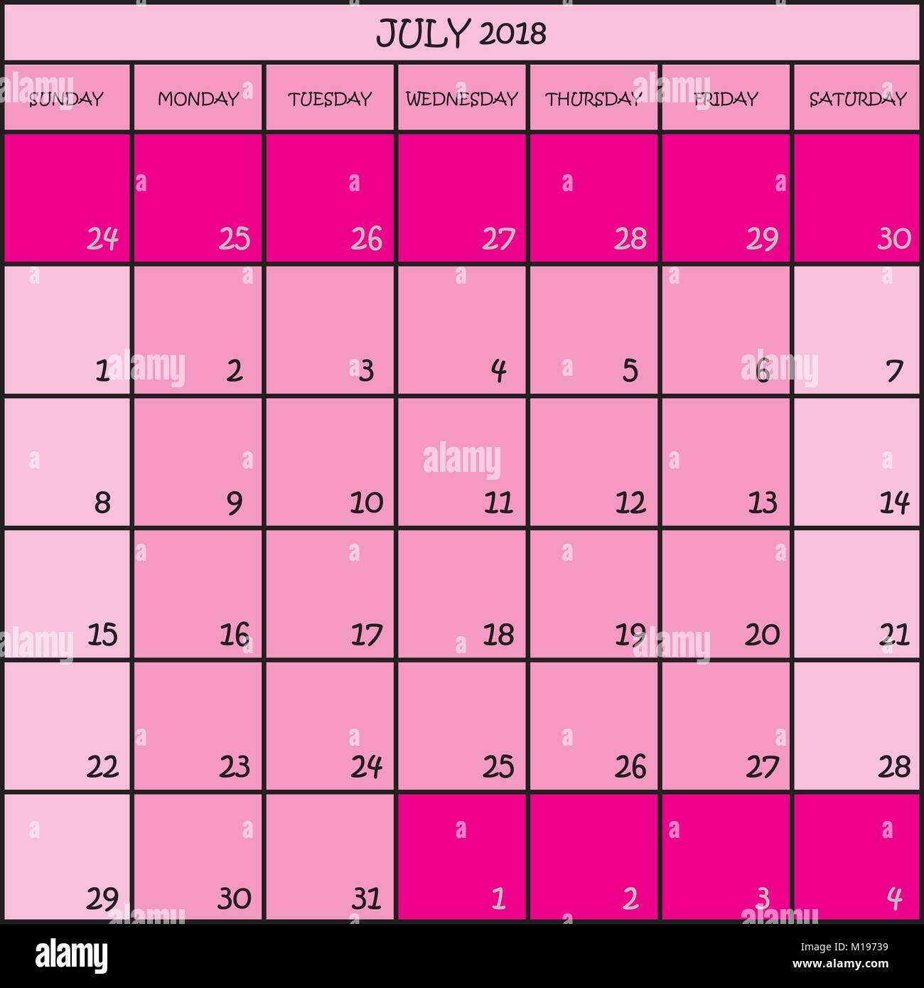 Kalender Planer Monat Juli 2018 Auf Transparentem Hintergrund  Stock-Vektorgrafik - Alamy