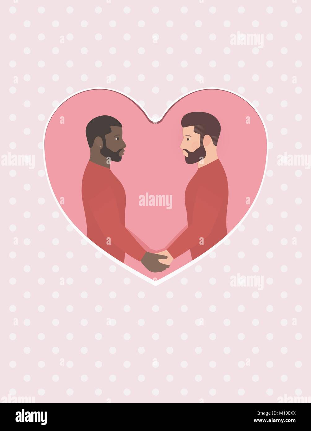 Afro-amerikanischer Mann und weißer Mann, Multirassischen homosexuelles Paar in Liebe, halten sich an den Händen und schaut in die Augen. Grußkarte für Happy Valentinstag, Verlobung oder Hochzeit oder Jubiläum. Stock Vektor