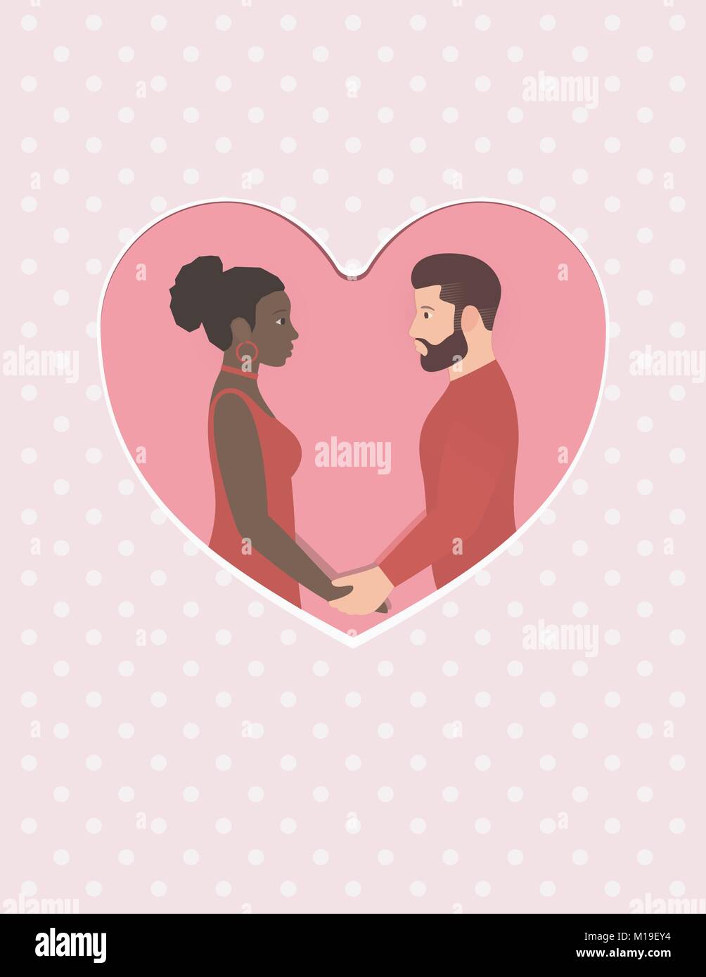 Weißer Mann und schöne afro-amerikanische Frau Bärtigen. Happy gemischtrassiges Paar in Liebe, halten sich an den Händen und schaut in die Augen. Grußkarte für Happy Valentines Tag. Hochzeit oder Jubiläum. Stock Vektor