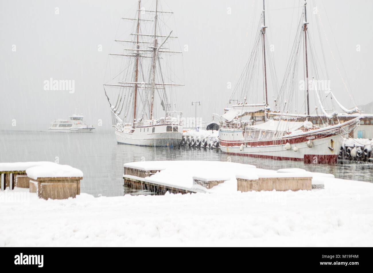 Schnee bedeckt sailling Schiffe in Oslo Hafen während der schweren Schneesturm. Oslo, Norwegen. Stockfoto