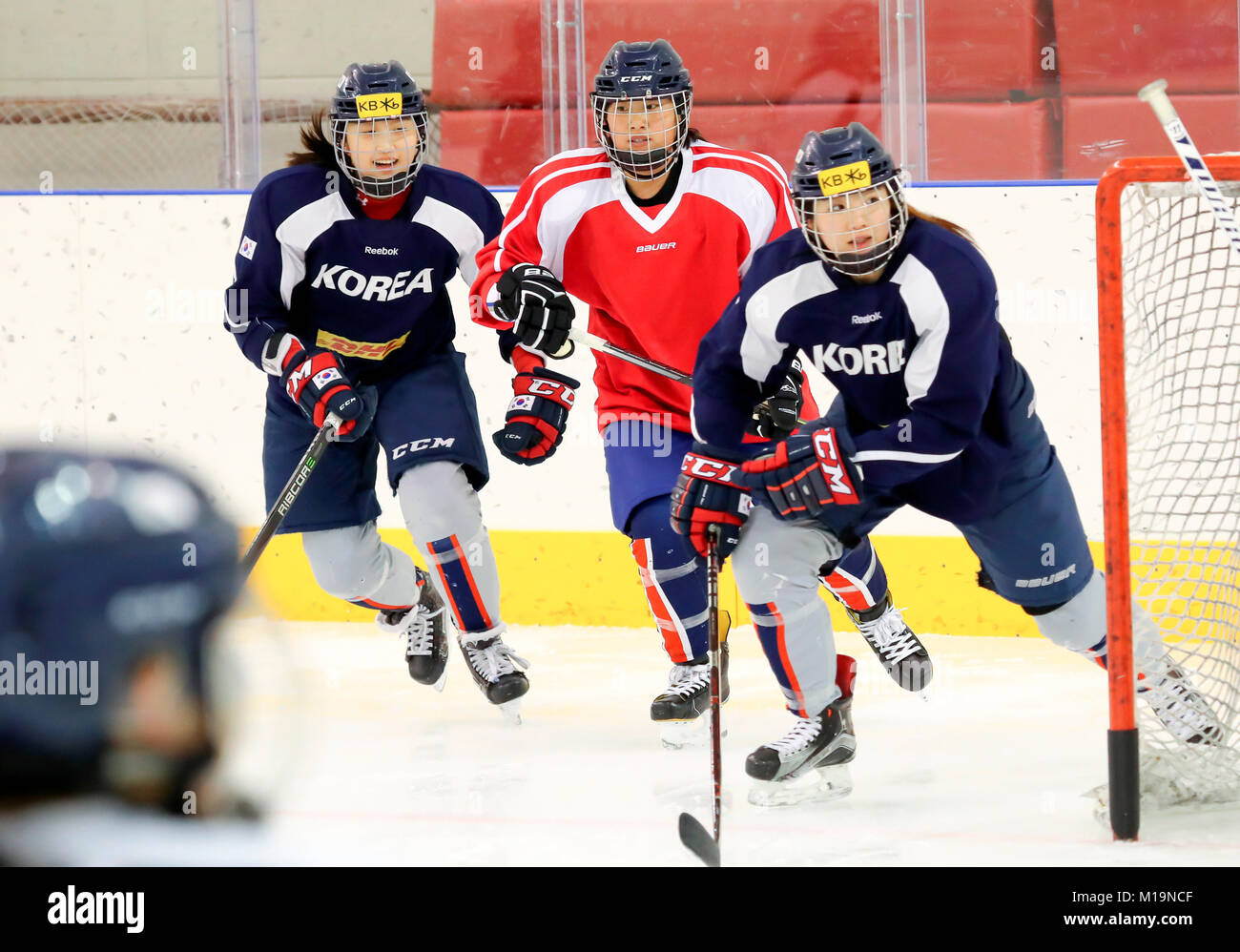 Von Süd nach Nord Korea Frauen Eishockey Team, Jan 28, 2018: Ein Nordkoreanischer Spieler (in roter Uniform) und koreanischen Spieler an einem Training Session eines gemeinsamen Süd-nord Korea Frauen Eishockey Team am Jincheon National Training Center, das ist eine nationale Athletic Training Center von Südkorea, in Jincheon, südöstlich von Seoul, Südkorea. Eis des Gemeinsamen koreanische Frauen Hockey Team hatte den ersten gemeinsamen Training am Sonntag. Die beiden Koreas haben ein gemeinsames Team von 35 Spielern für die kommende 2018 PyeongChang Winter Olympics. 12 Nordkoreanische Spieler trat 23 Koreanische pl Stockfoto