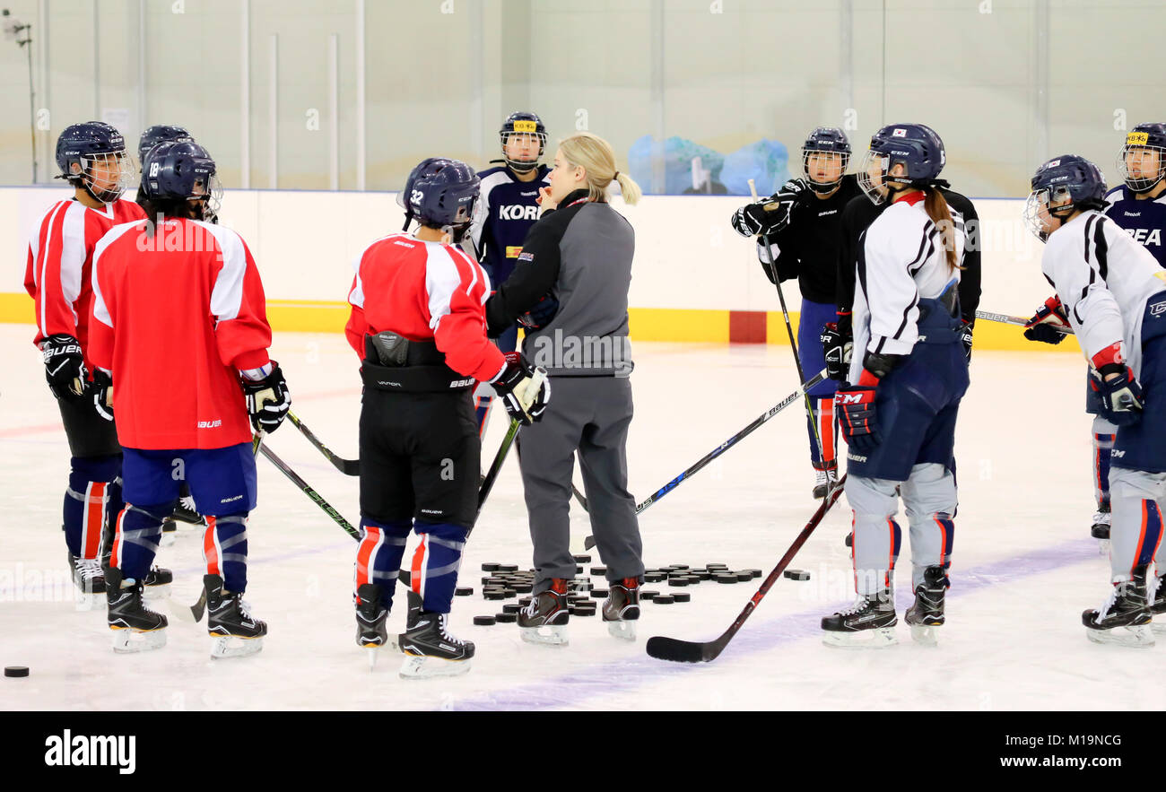 Sarah Murray und Eis von Süd nach Nord Korea Frauen Hockey Team, Jan 28, 2018: Sarah Murray (C), Trainer des Eis von Süd nach Nord Korea Frauen Hockey Team und Spieler aus dem Norden (in rote Uniformen) und im Süden an einem Training von Eis des gemeinsamen Korea Frauen Hockey Team am Jincheon National Training Center in Jincheon, südöstlich von Seoul, Südkorea. Eis des Gemeinsamen koreanische Frauen Hockey Team hatte den ersten gemeinsamen Training am Sonntag. Die beiden Koreas haben ein gemeinsames Team von 35 Spielern für die kommende 2018 PyeongChang Winter Olympics. 12 Nordkoreanische Spieler trat 23 South Stockfoto