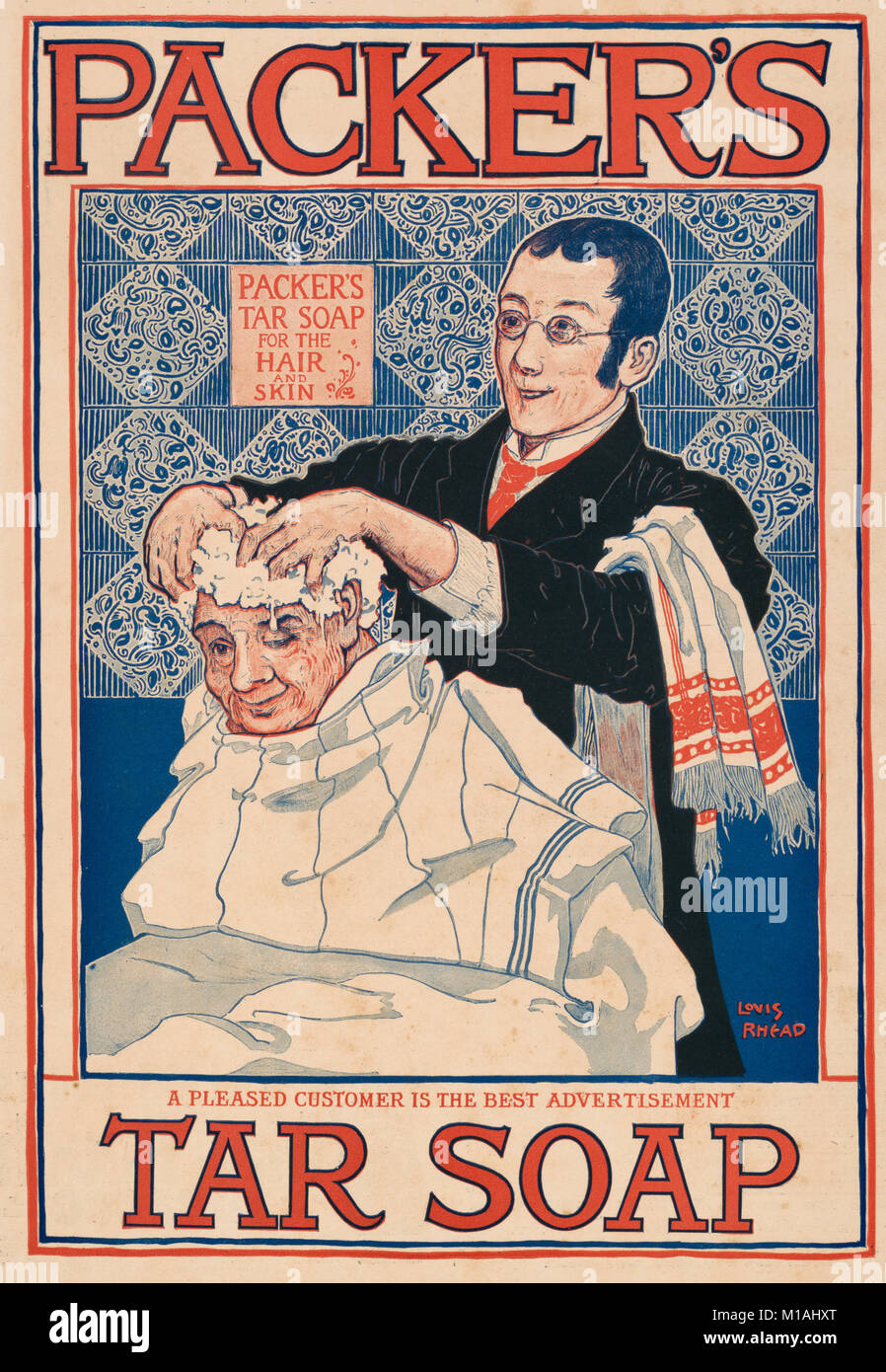 Der Packer Teer Seife Werbung, circa 1915 - Plakat zeigt einen Mann Haarwäsche die Haare von anderen Menschen. Stockfoto