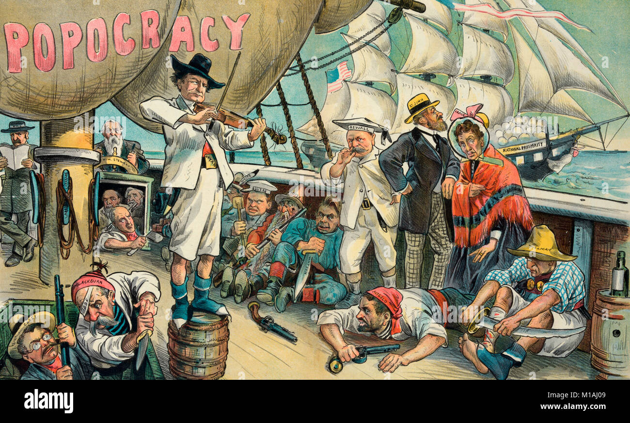 Politische Piraten - Drucken zeigt William Jennings Bryan als Pirat auf einem Schiff mit der Beschriftung 'Popocracy', stehend auf einem Fass, Spielen, Geige, der Versuch, eine in der Nähe Schiff zu locken mit der Aufschrift "nationaler Wohlstand' nahe genug, so dass seine Piratenbande board kann es. Unter den Piraten gekennzeichnet sind "Tillman, Altgeld, Leasing, St. John, Sewall, Watson, Peffer, Sulzer, Waite, Debs, langweilig, Wm. Stewart, Hill, Blackburn, und Coxey'. Die Männer werden mit Schusswaffen, Messern bewaffnet, und Gewehre; Blackburn hat einen Patch mit der Bezeichnung "1895" über seinem rechten Auge. Politische Karikatur 1895 Stockfoto