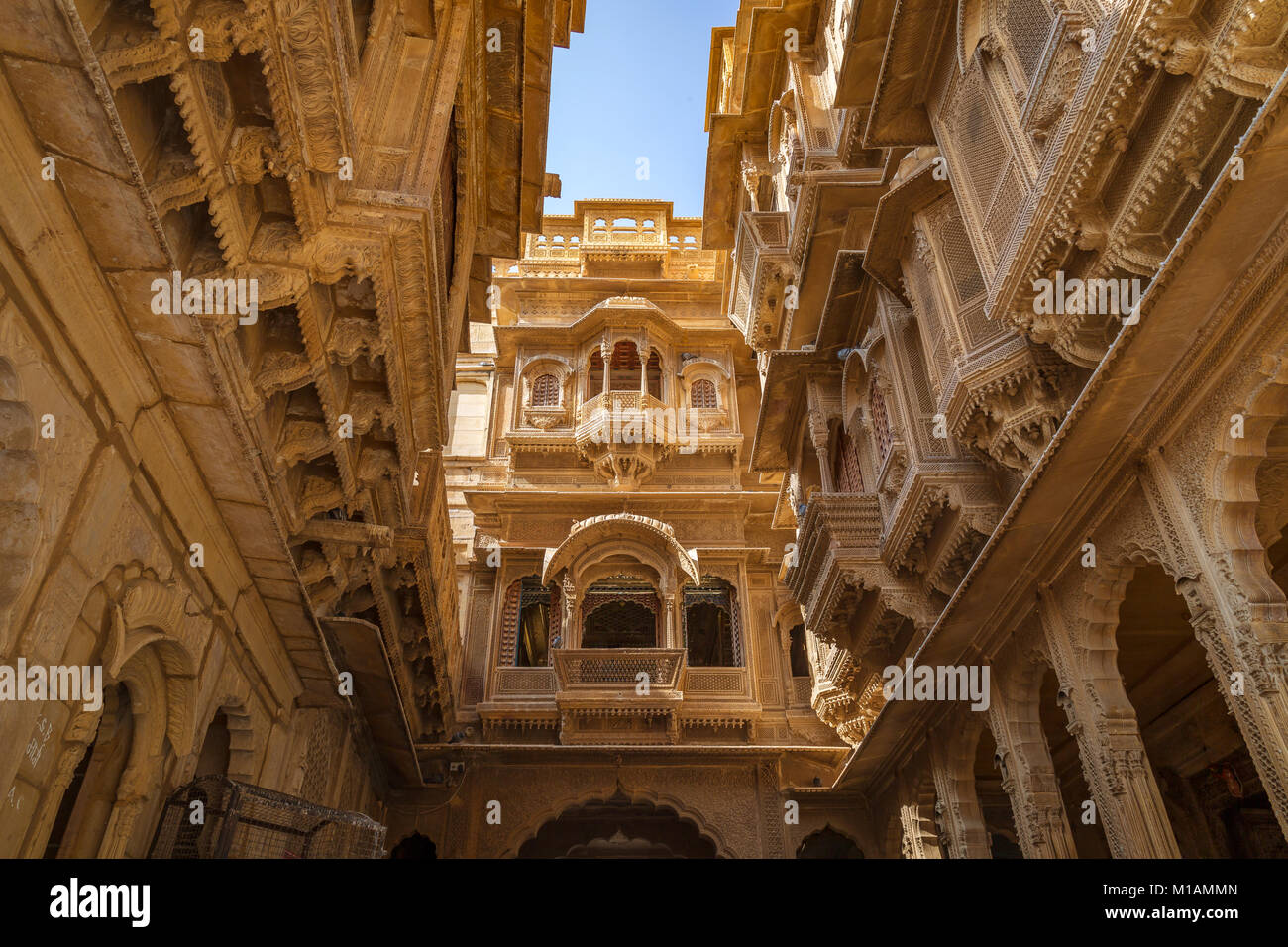 Patwon ki Haveli - Erbe Gebäude mit aufwändigem Artwork und Königliche Residenz in Jaisalmer, Rajasthan. Stockfoto