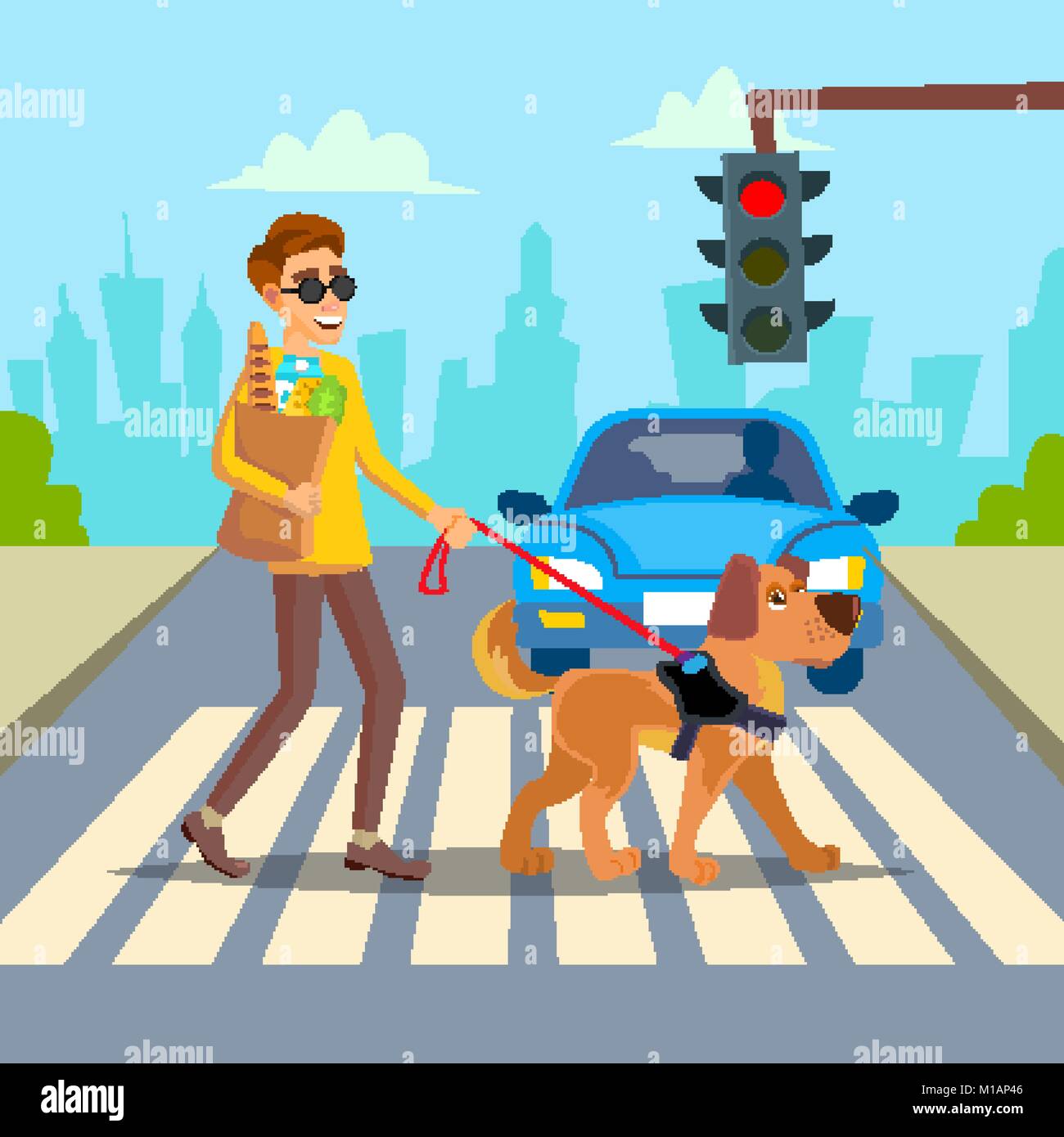 Blinden Vektor Junge Person Mit Hund Helfen Begleiter Behinderung Sozialisation Konzept Blinder Mensch Und Hund Auf Zebrastreifen Zeichentrickfigur Abbildung Stock Vektorgrafik Alamy