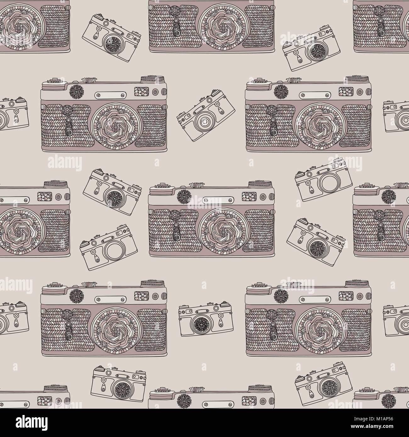 Vintage Retro Foto Kamera nahtlose Muster. Mandala stil Stoff Design. Boho style Vector Illustration. Stock Vektor Vintage Retro Foto Kamera nahtlose Muster. Mandala stil Stoff Design. Boho style Vector Illustration. Stock Vektor