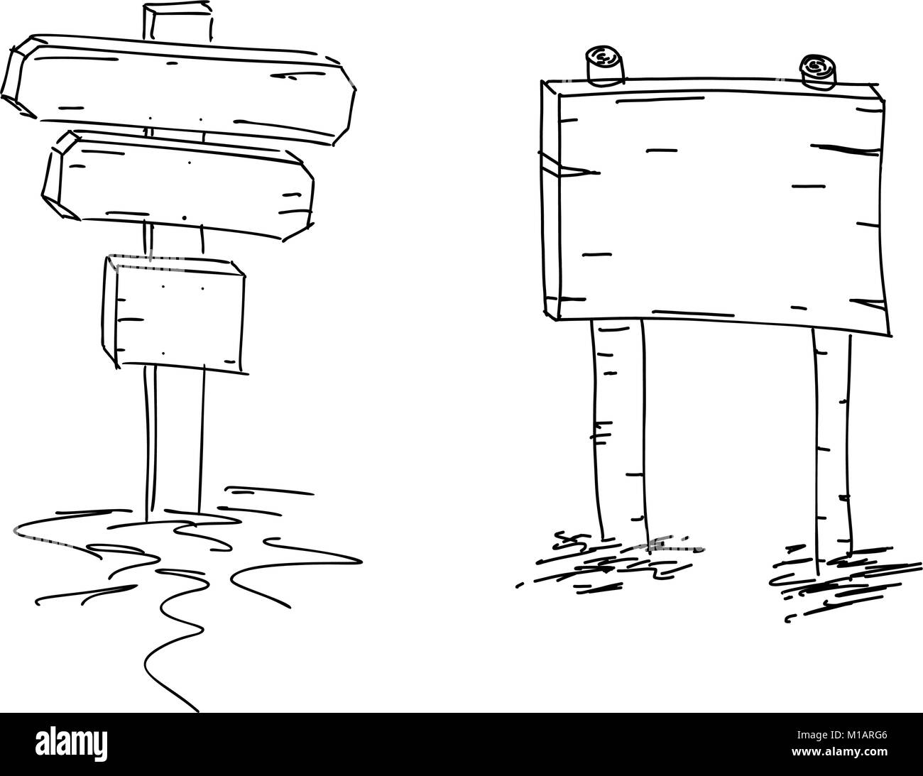 Zwei Pfeilen. Hand gezeichnete Skizze. Vector Illustration. Richtung unterzeichnen. Doodle Skizze der Holz- Indikatoren. Zeiger. Finden Sie Ihren Weg Stock Vektor