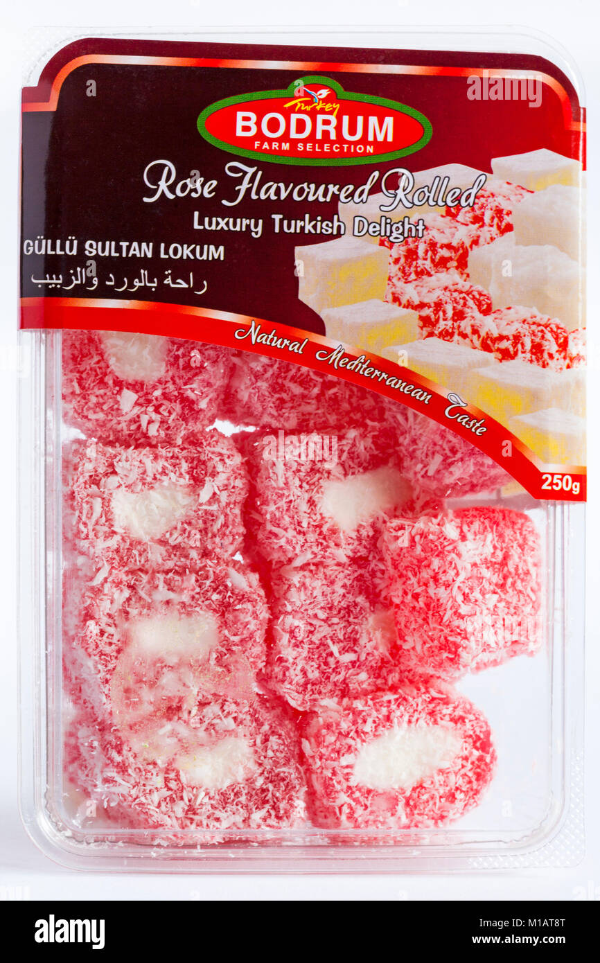 Nahaufnahme von "Türkei Bodrum Farm Auslese" Rose aromatisiert gerollt Luxus Turkish Delight natürlichen mediterranen Geschmack Stockfoto