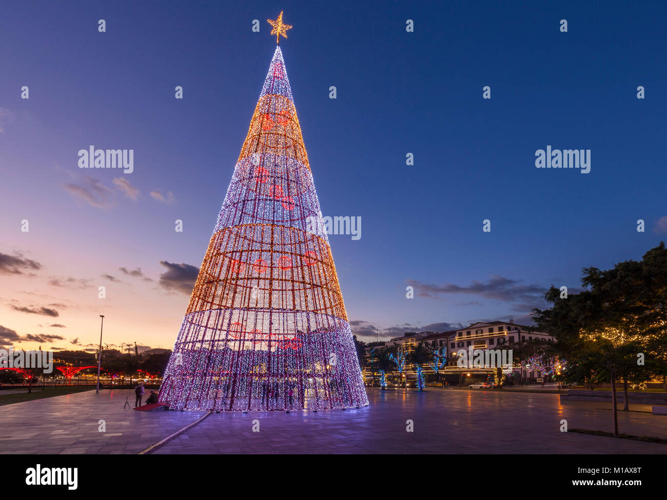 madeira funchal madeira weihnachtsbaum bestehend aus modernen LED-Leuchten an einem weihnachtsbaum an der Strandpromenade Funchal Madeira Portugal eu europa Stockfoto