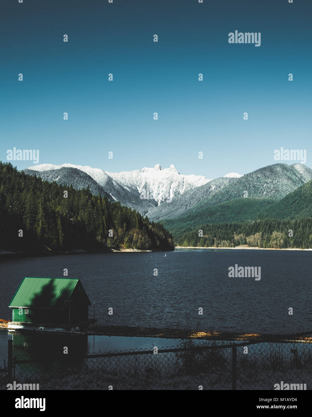 Blick auf Grouse Mountain und seine umliegende Landschaft von Capilano See/Cleveland Dam, North Vancouver, British Columbia, Kanada im Winter Stockfoto