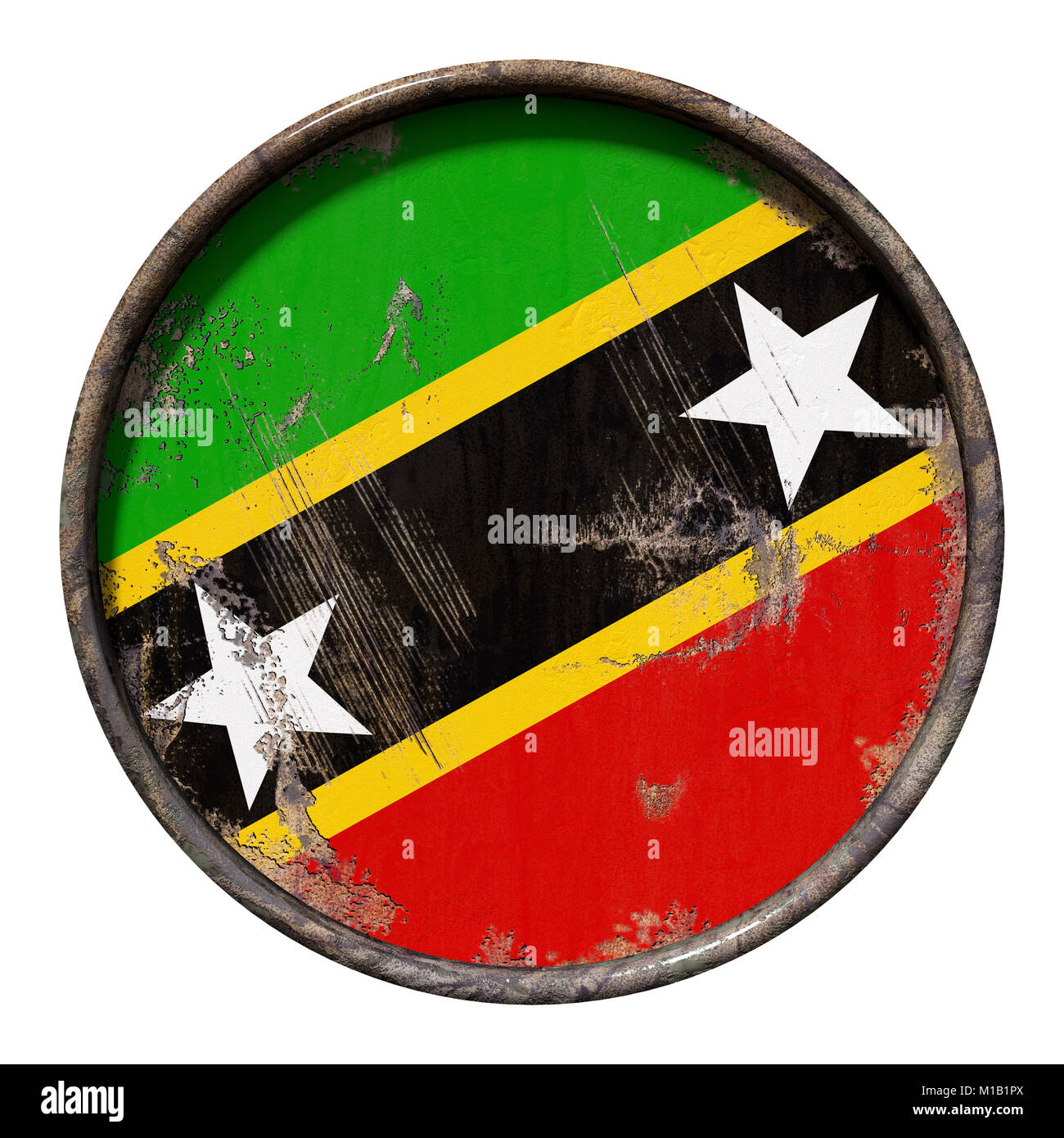 3D-Rendering für eine Saint Christopher und Nevis Flagge über eine rostige Metallplatte. Auf weissem Hintergrund. Stockfoto