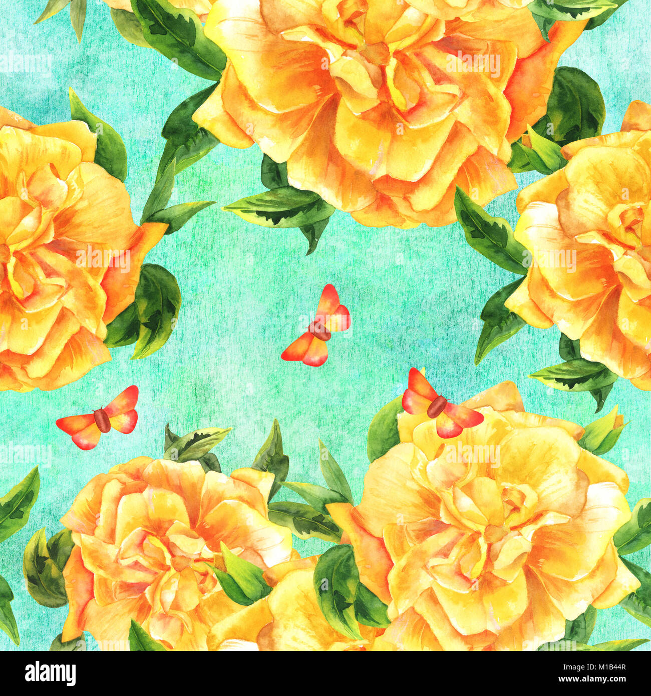 Nahtlose Aquarell gelbe rose Muster auf Teal mit Schmetterling Stockfoto