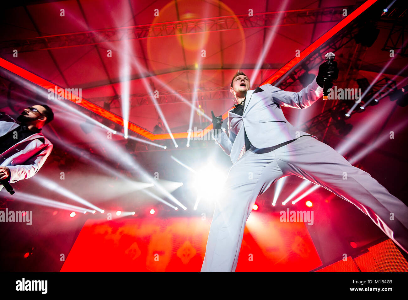 Die amerikanische junge Band und Vocal group Backstreet Boys durchführen, ein Live Konzert in der norwegischen Musik Festival UKEN 2014 in Bergen. Hier Nick Carter wird gesehen, live auf der Bühne. Norwegen, 11.03.2014. Stockfoto