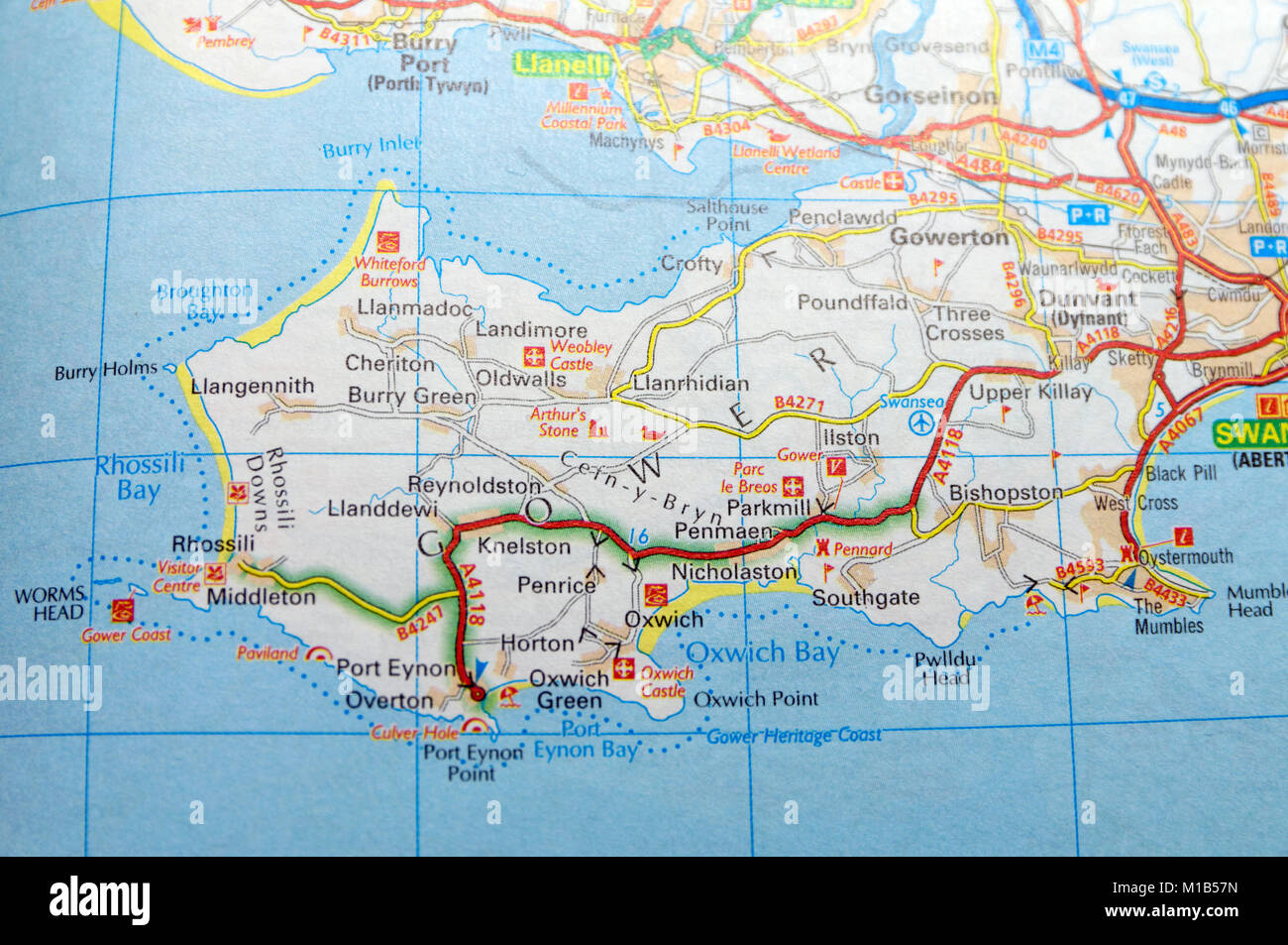 Straßenkarte von Gower Halbinsel, Wales. Stockfoto