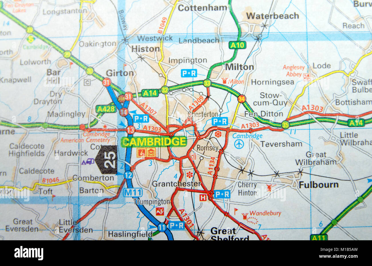 Straßenkarte von Cambridge, England. Stockfoto