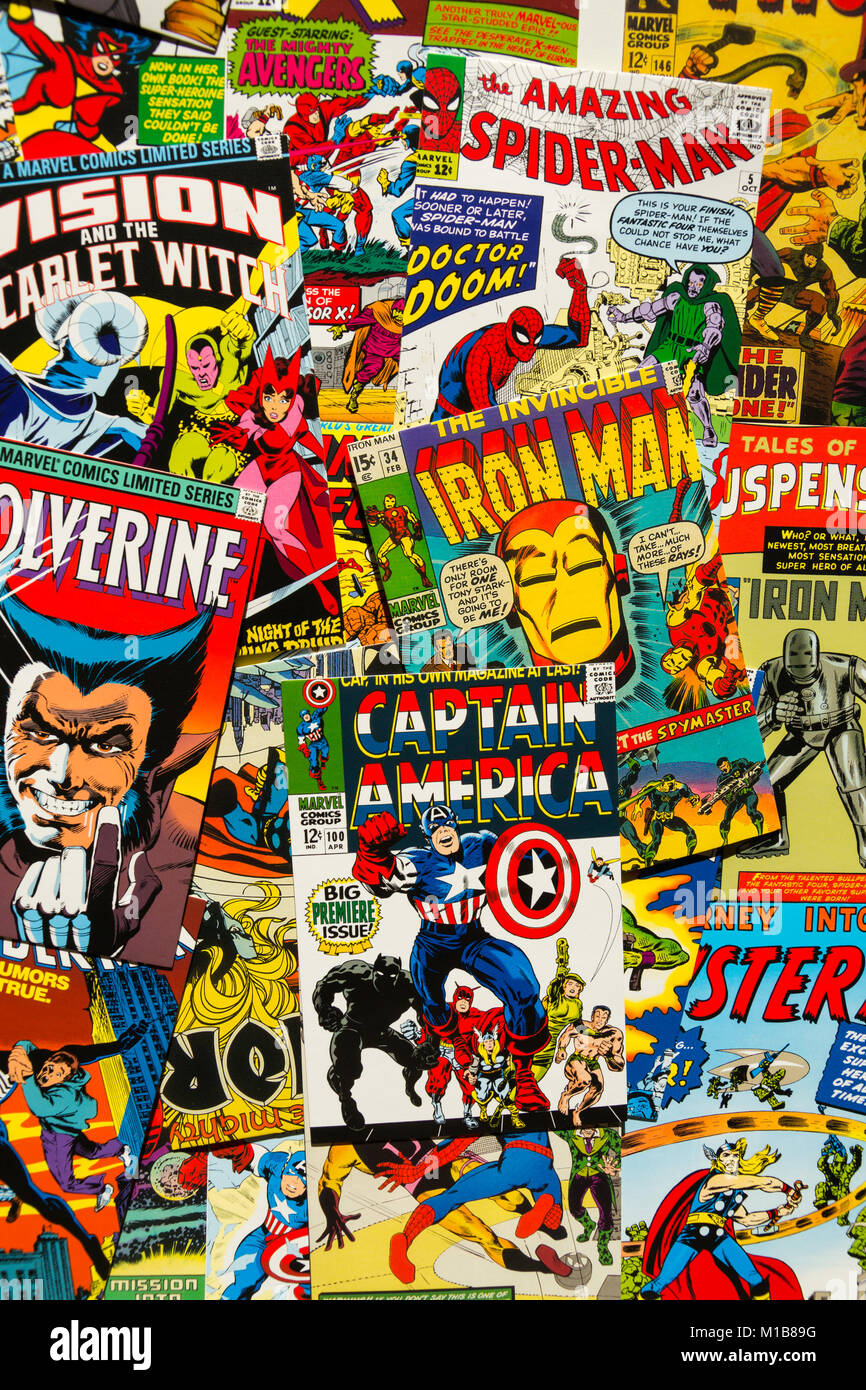 Prag, tschechische Republik - 29. Januar: Bunte vintage Comic Magazin deckt, oben flach Zusammensetzung am 29 Januar, 2018 in Prag Stockfoto