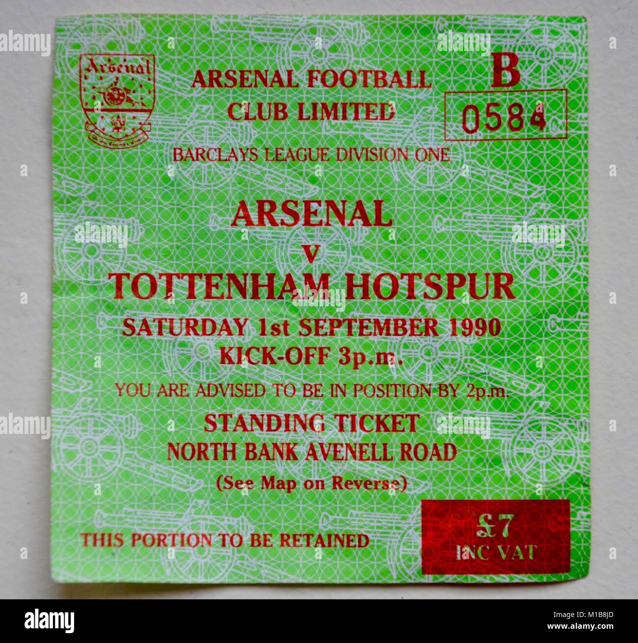 Ticket für Arsenal vs Tottenham Hotspur Sep 1 1990 barclays Abteilung eine Stockfoto