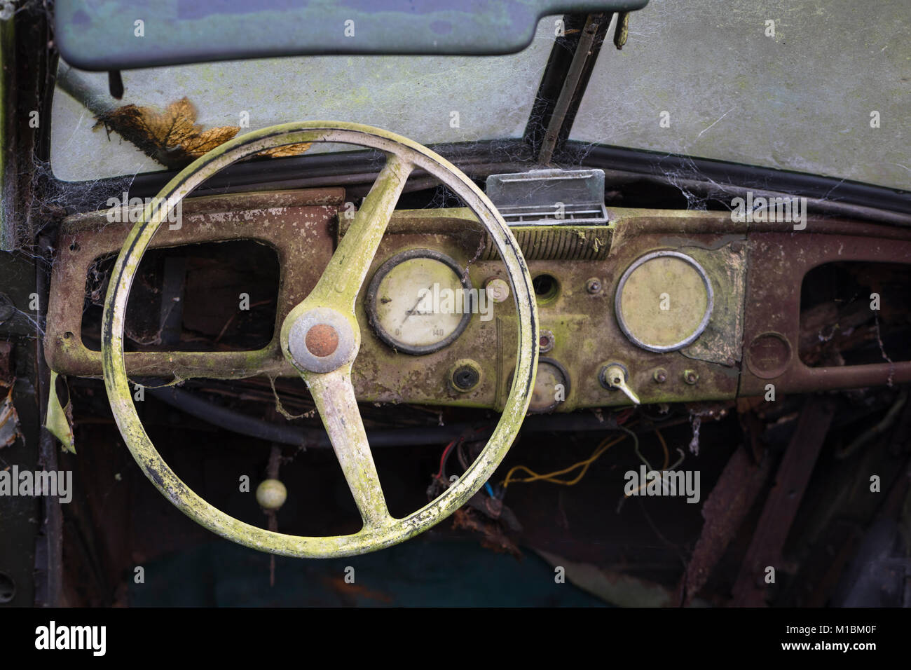 Innenraum eines verlassenen rosten Classic Auto mit Lenkrad und Instrumente Stockfoto