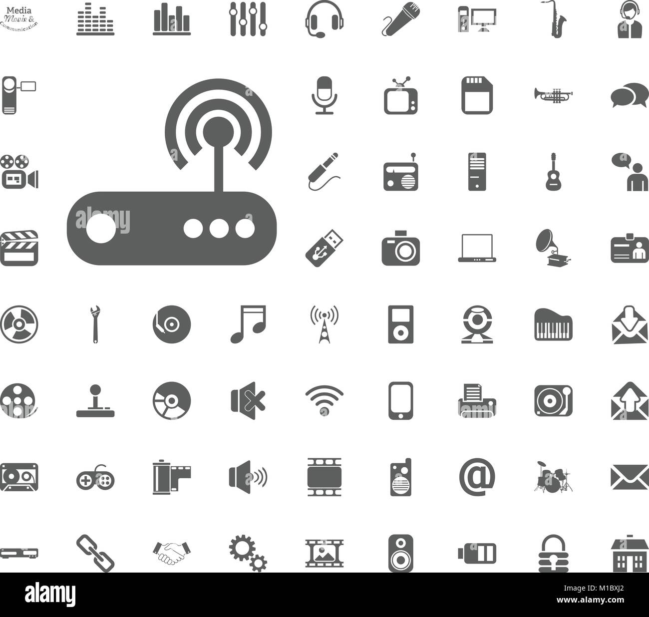 Wi-Fi-Router Symbol. Medien, Musik und Kommunikation Vektor-illustration Icon Set. Der universelle Symbole. Satz von 64 Icons. Stock Vektor