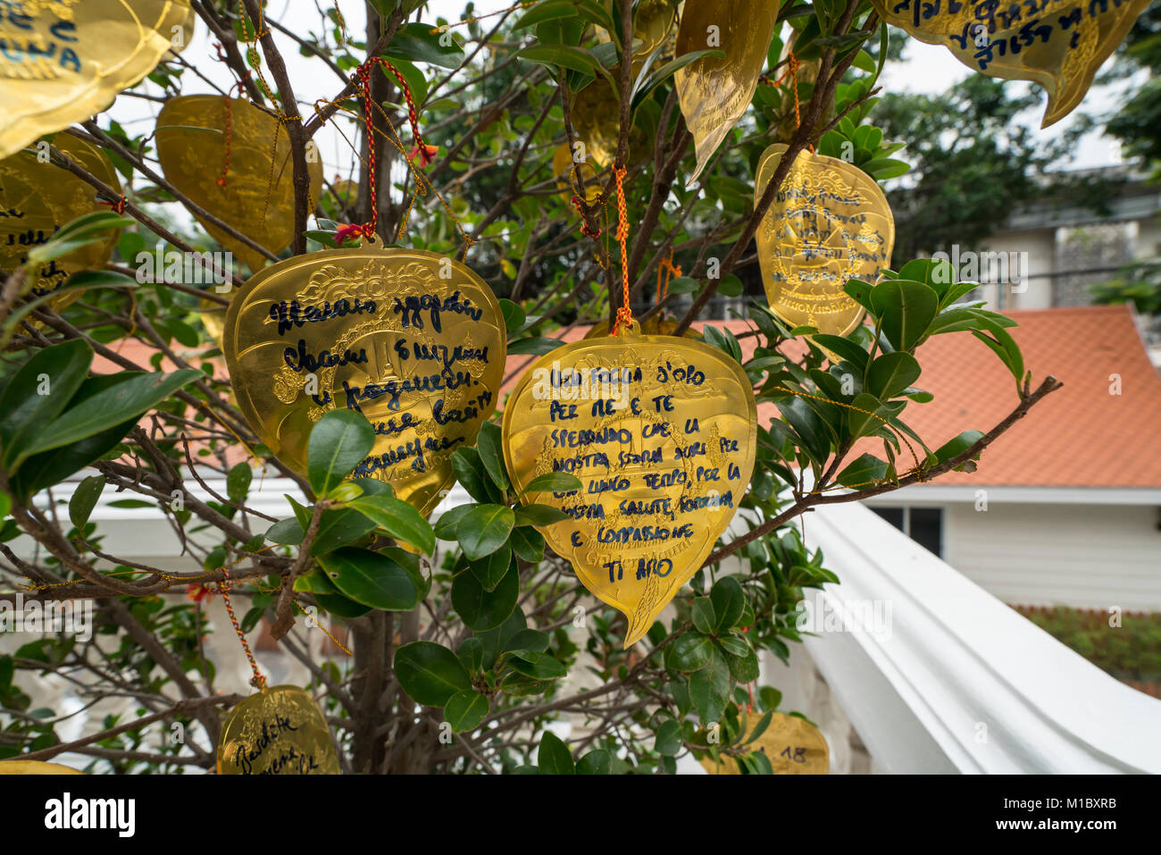 Goldene Blätter mit den Wünschen der Gläubigen im Innenhof von einem Tempel in Bangkok geschrieben Stockfoto