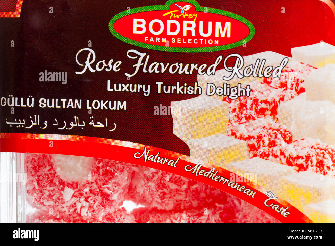 "Die Türkei Bodrum Farm Selection' Rose aromatisiert Luxus Turkish Delight natürlichen mediterranen Geschmack gerollt Stockfoto