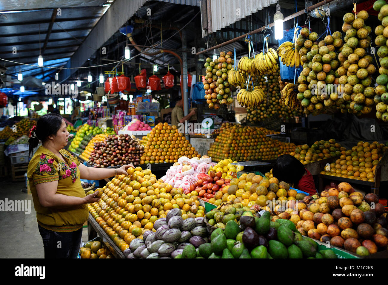 Sumatra Frau Verkauf von exotischen Früchten, Berastagi, Sumatra, Indonesien. Stockfoto