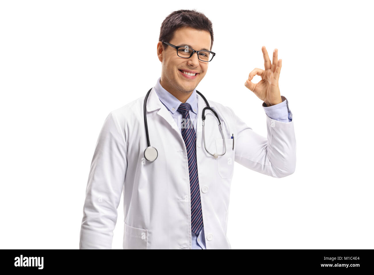 Arzt einen OK Geste auf weißem Hintergrund Stockfoto