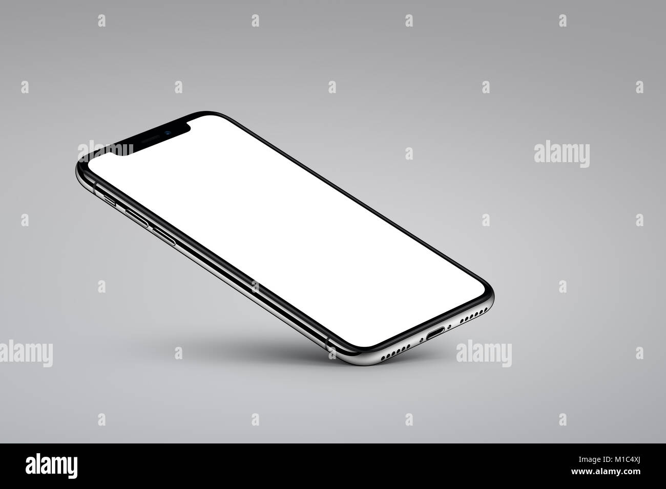 IPhone X. Perspektive veiw Smartphone mockup ruht auf einer Ecke auf grauem Hintergrund. Stockfoto