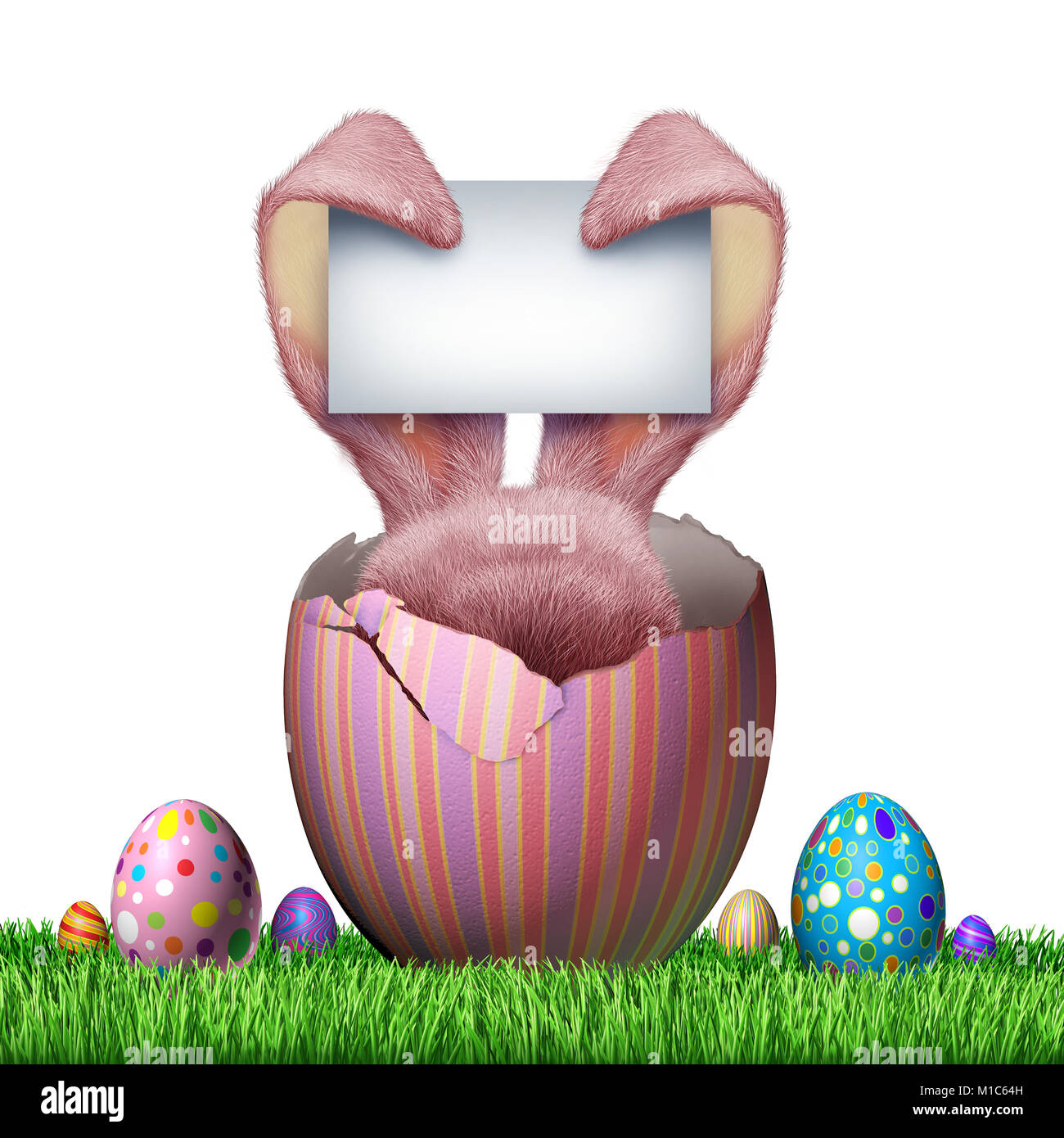 Osterhase leer Zeichen und happy holiday Text auf einem weißen Hintergrund als ein lustiges Frühlingsfest mit verzierten Eiern auf Gras isoliert. Stockfoto