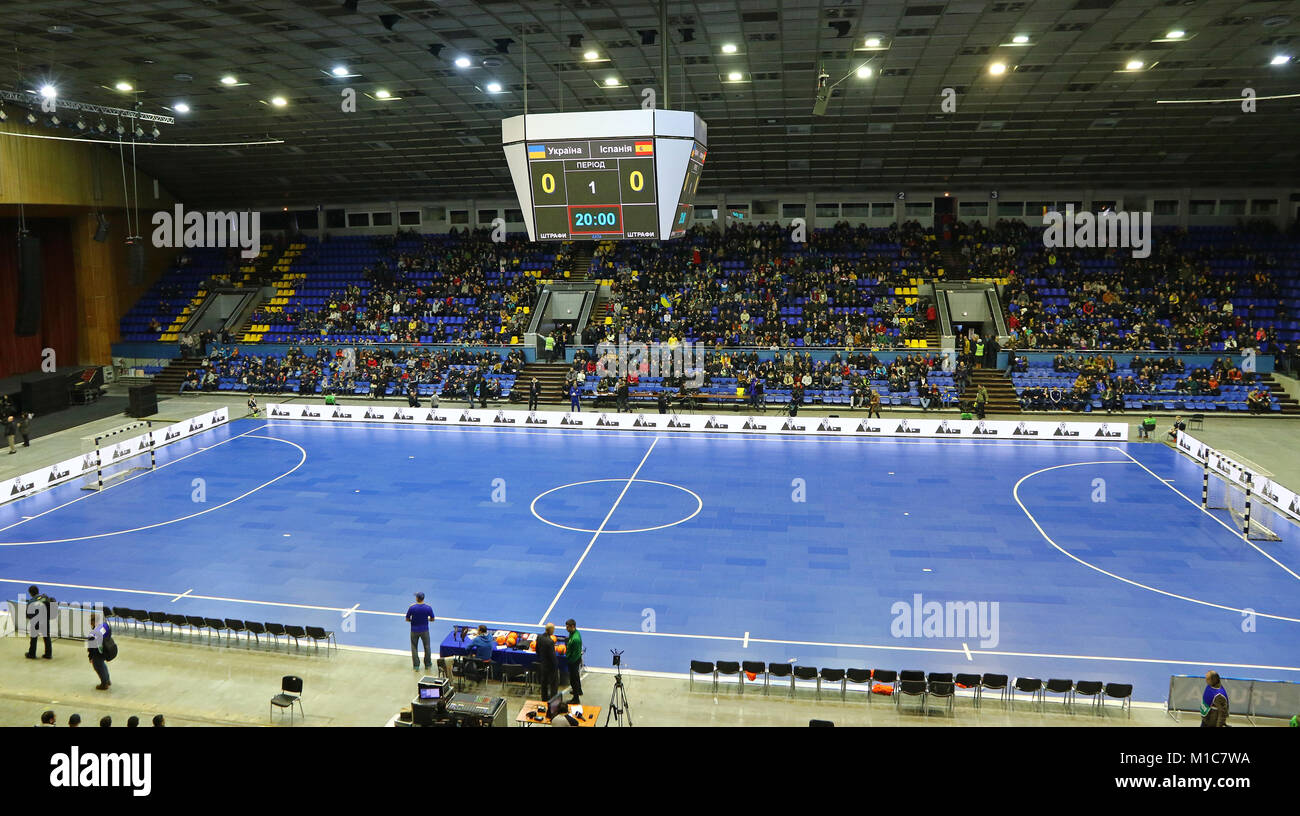 Kiew, Ukraine - Januar 29, 2017: Panoramablick auf Palats Sport in Kiew während freundlich Futsal spiel Ukraine gegen Spanien Stockfoto