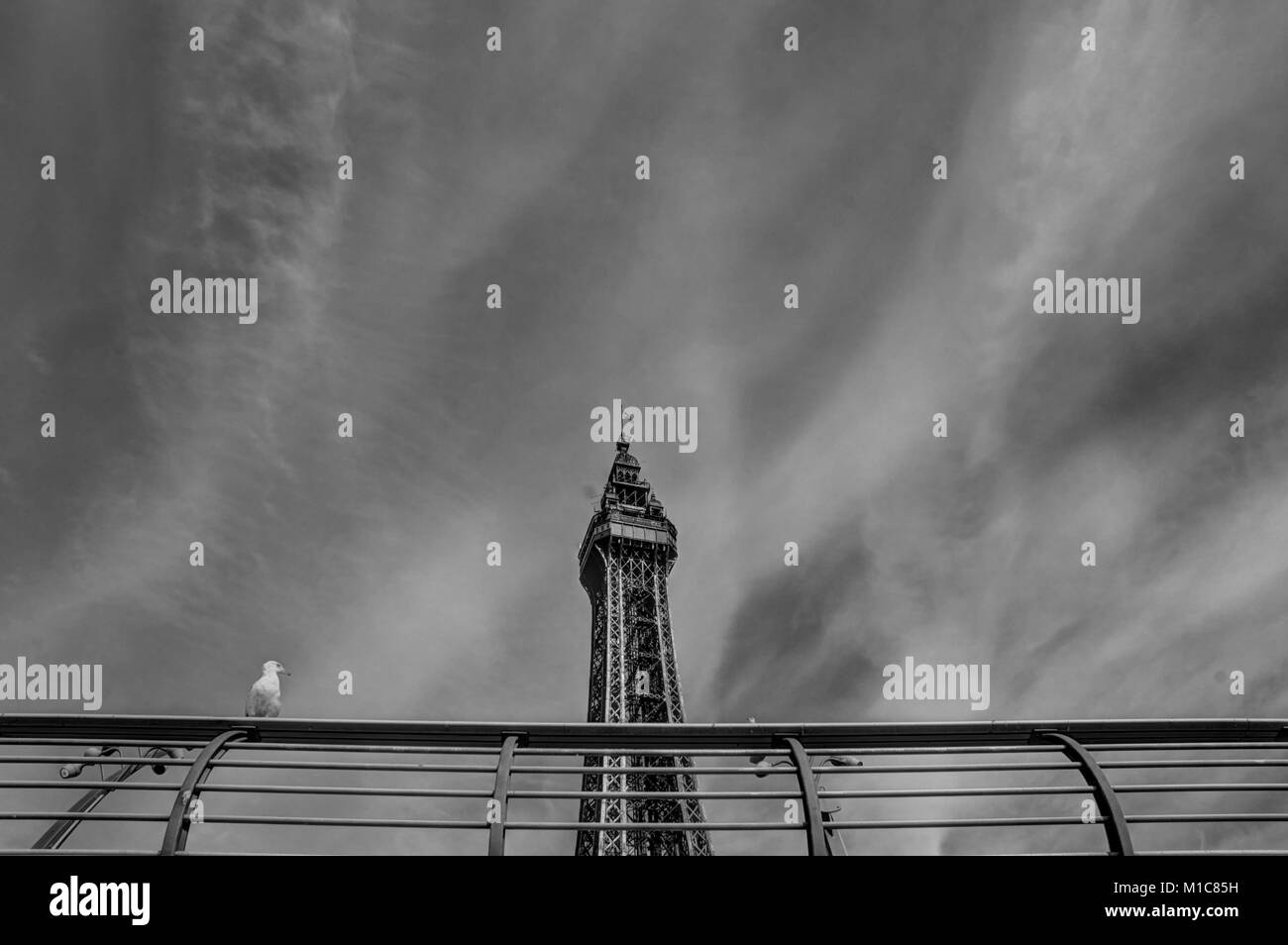 Blackpool Tower in Schwarz und Weiß. Stockfoto