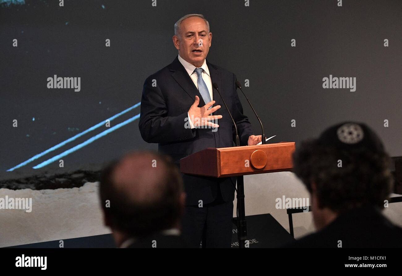 Der israelische Premierminister Benjamin Netanjahu Adressen Gäste im Jüdischen Museum und Toleranz Mitte Januar 29, 2018 in Moskau, Russland. Der russische Präsident Wladimir Putin und Netanyahu besuchte Veranstaltungen Kennzeichnung Internationalen Holocaust Tag der Erinnerung und der Jahrestag der Beendigung der Nationalsozialistischen Belagerung von Leningrad. Stockfoto